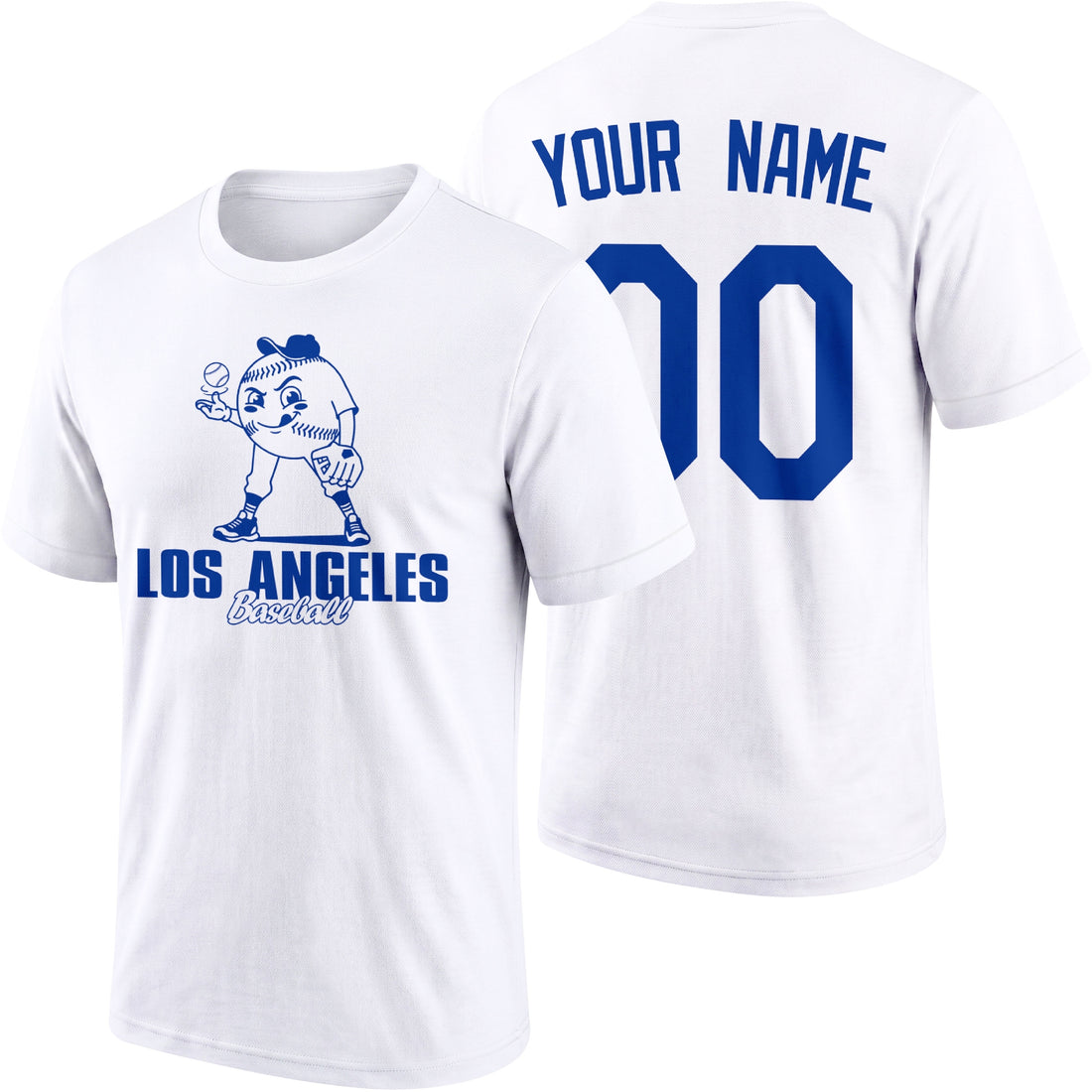 Los Angeles Blue personalized adult baseball character T shirt in Royal showing front and back with striped sleeves custom name and number