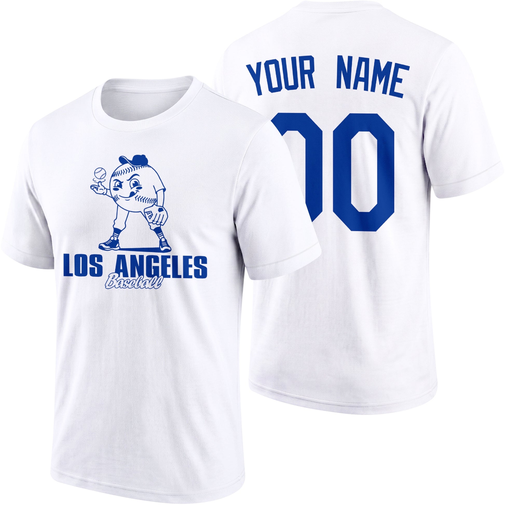 Los Angeles Blue personalized adult baseball character T shirt in White showing front and back with striped sleeves custom name and number