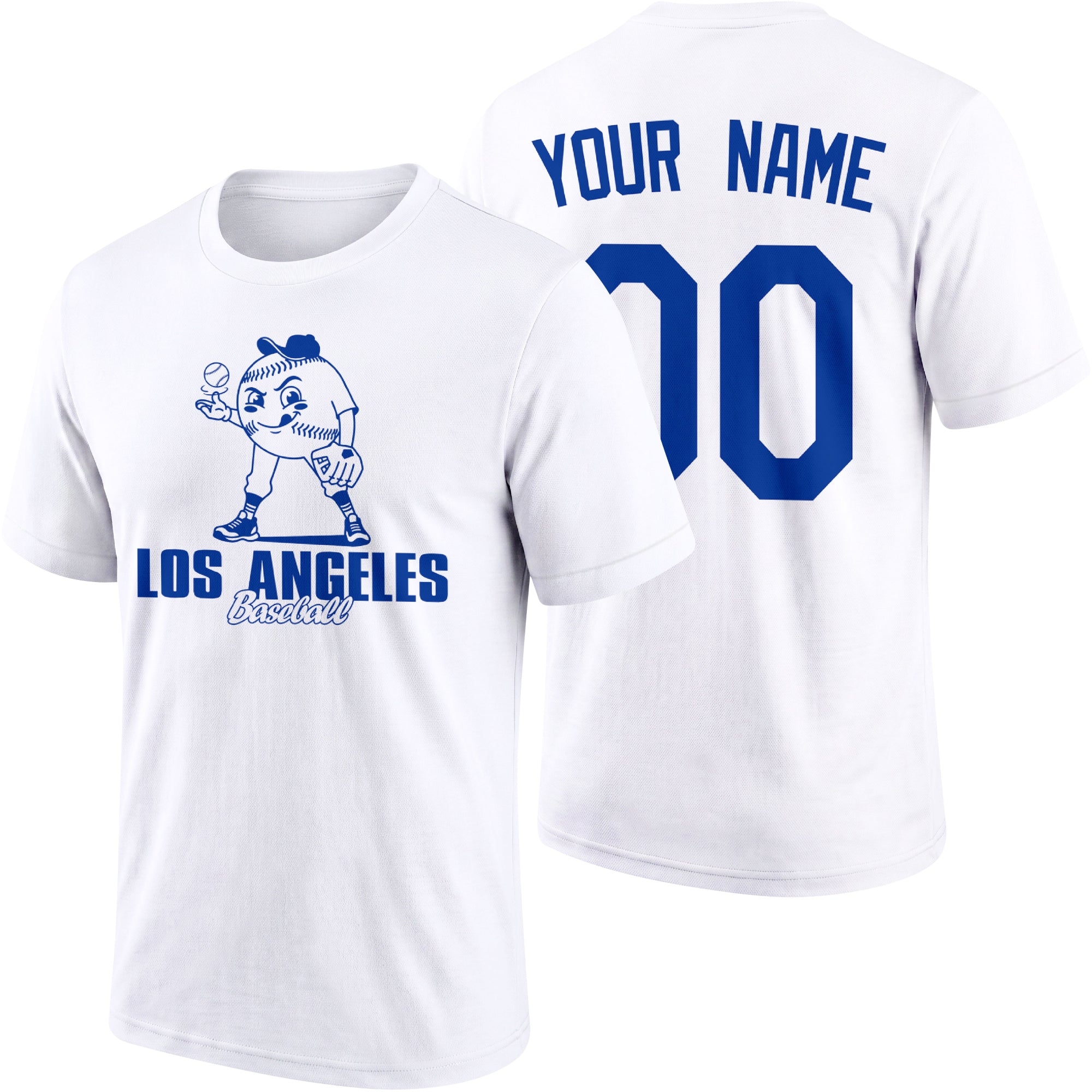 Los Angeles Blue personalized adult baseball character T shirt in White showing front and back with striped sleeves custom name and number