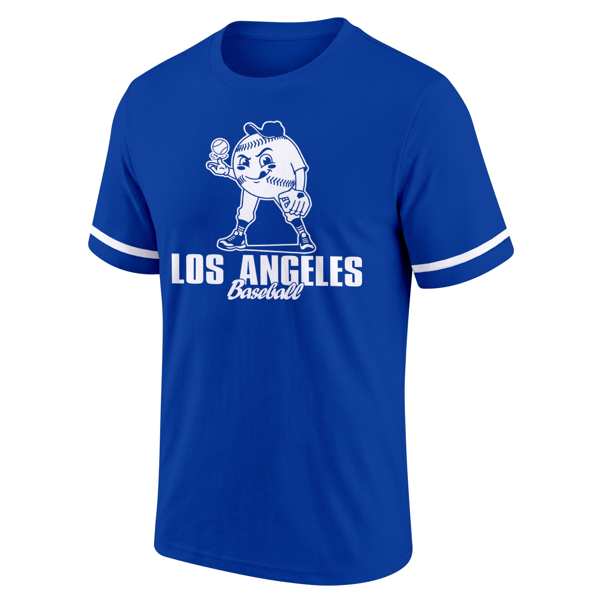 Los Angeles Blue Royal adult baseball T shirt front view with playful baseball character city lettering and striped sleeve accents