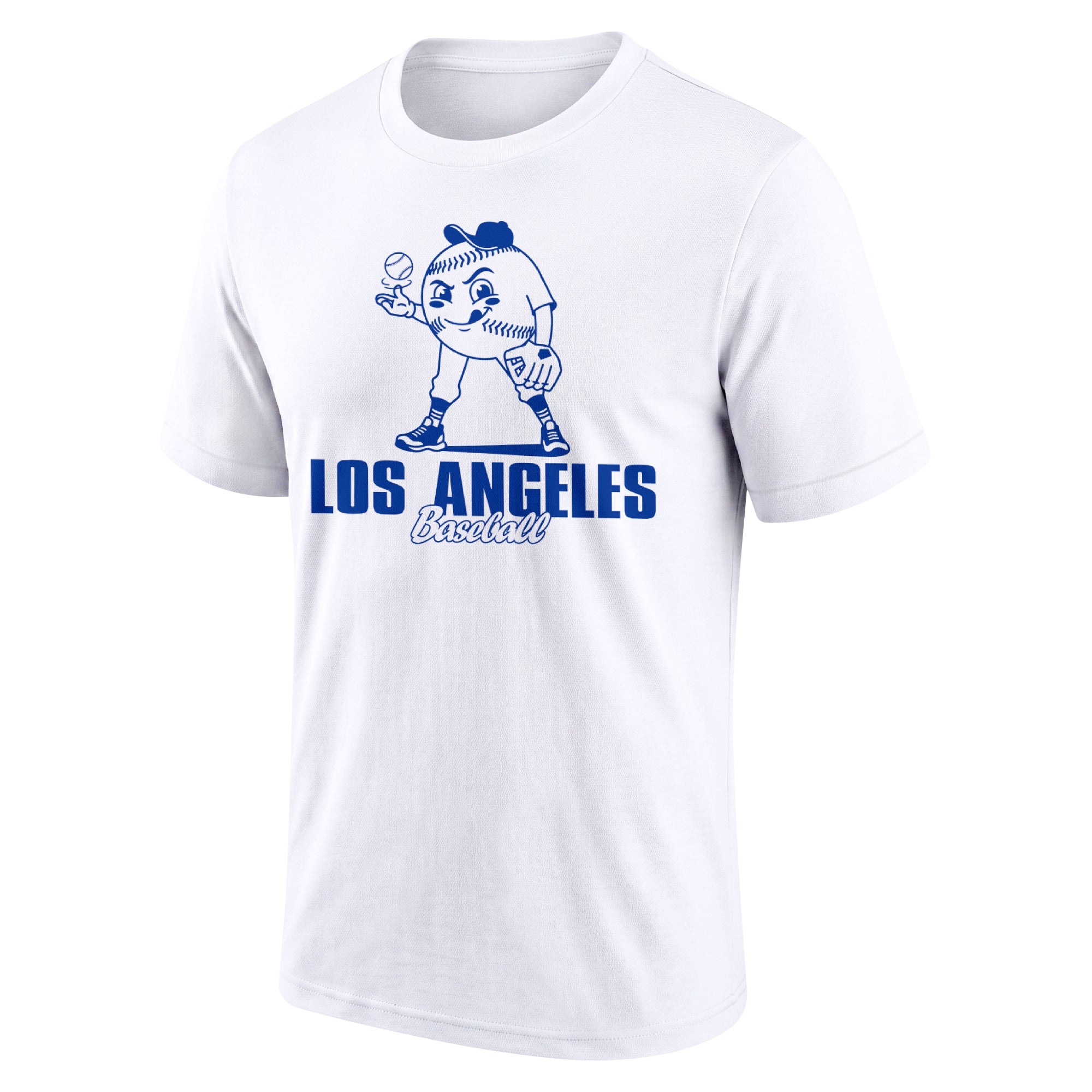 Los Angeles Blue White adult baseball T shirt front view with playful baseball character city lettering and striped sleeve accents