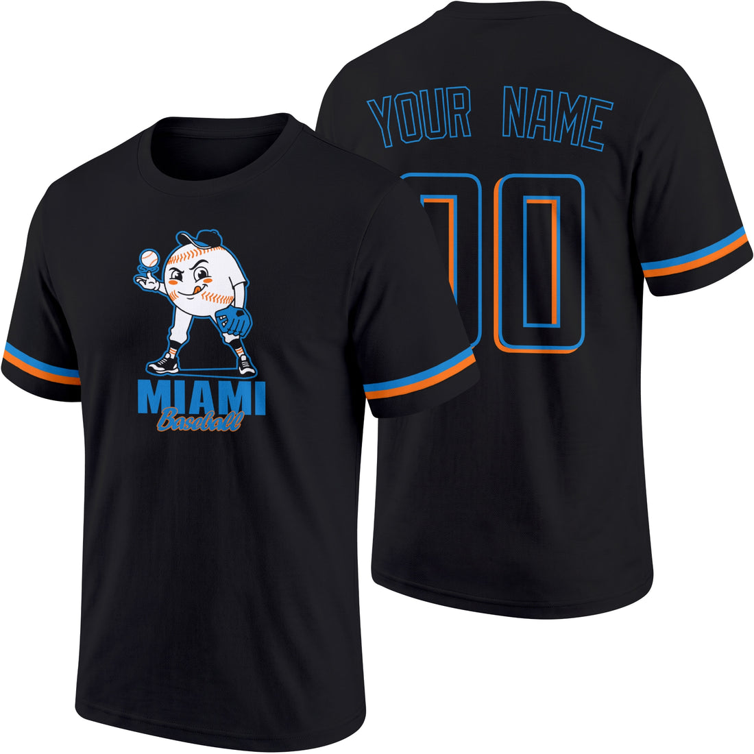 Miami personalized adult baseball character T shirt in Black showing front and back with striped sleeves custom name and number