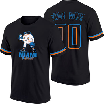 Miami personalized adult baseball character T shirt in Black showing front and back with striped sleeves custom name and number
