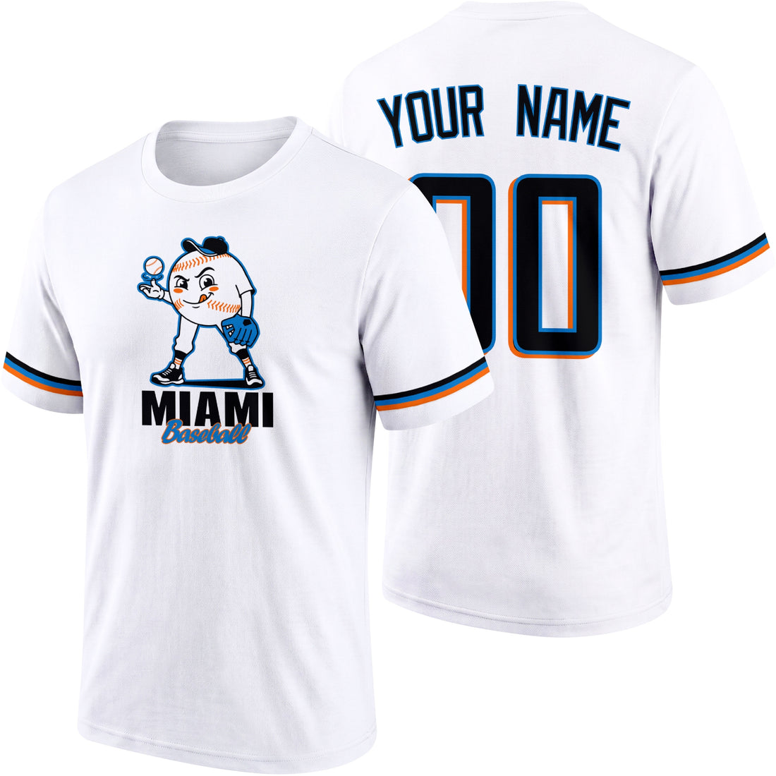 Miami personalized adult baseball character T shirt in Black showing front and back with striped sleeves custom name and number
