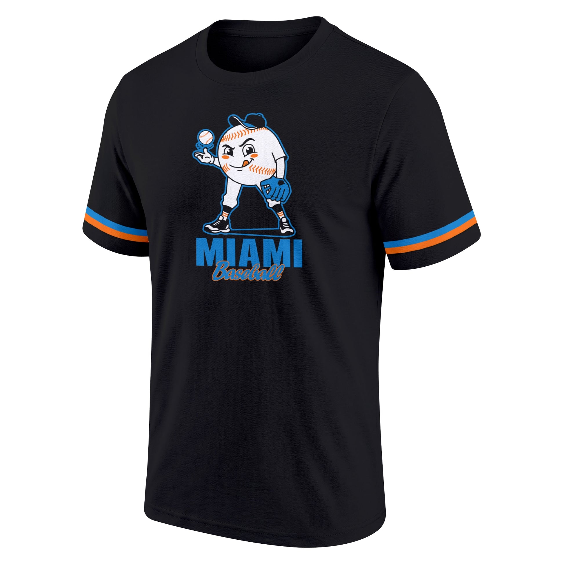Miami Black adult baseball T shirt front view with playful baseball character city lettering and striped sleeve accents