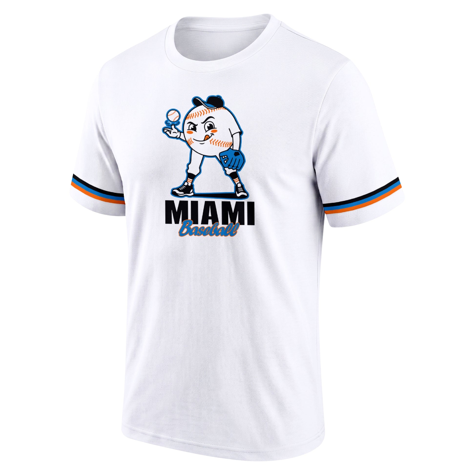 Miami White adult baseball T shirt front view with playful baseball character city lettering and striped sleeve accents