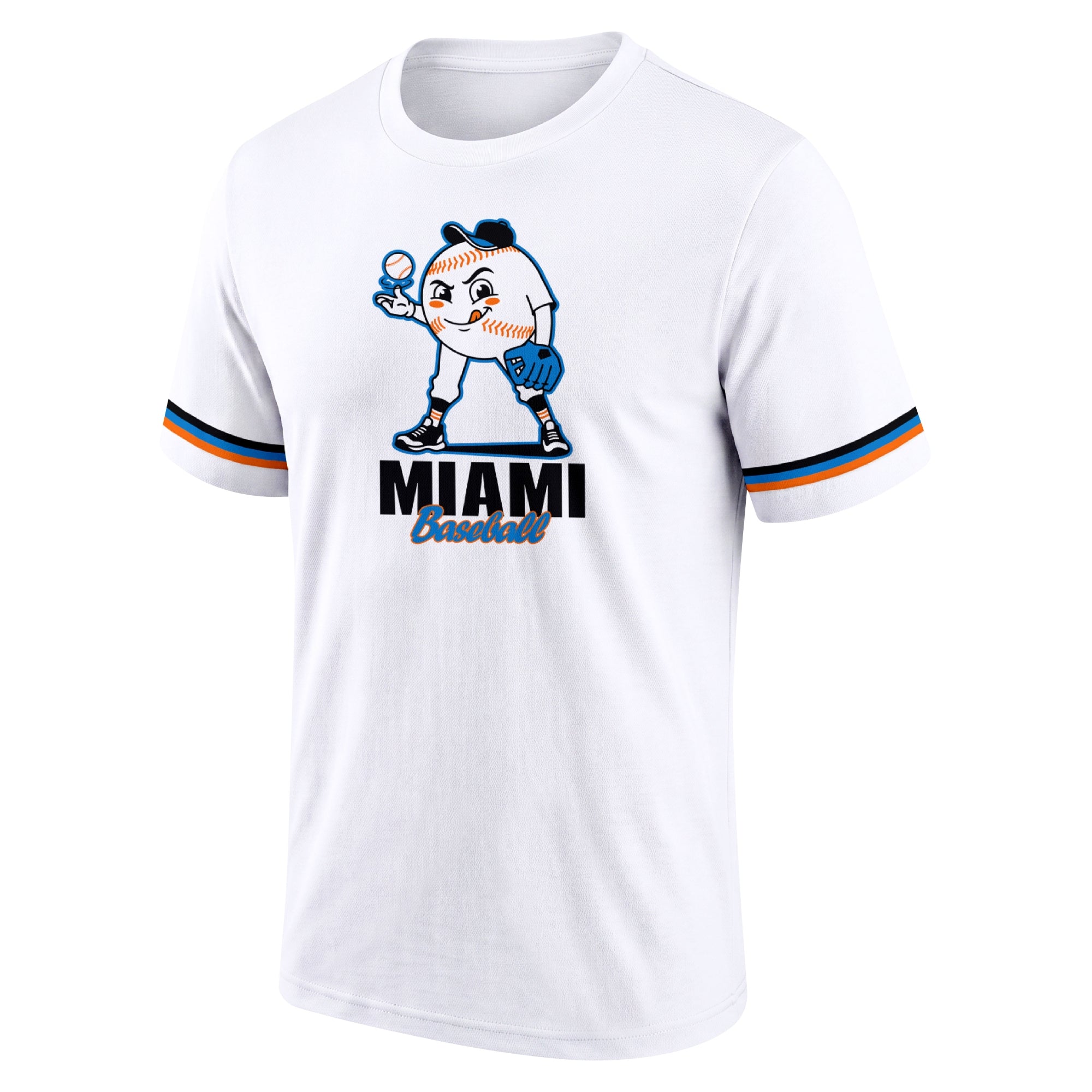 Miami White adult baseball T shirt front view with playful baseball character city lettering and striped sleeve accents