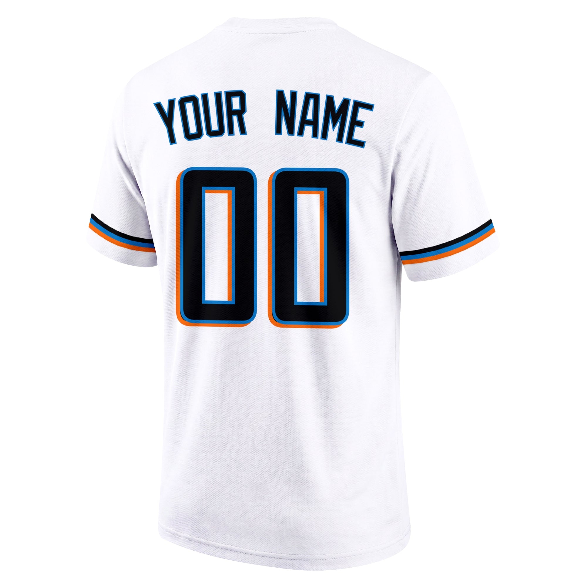 Miami White adult baseball T shirt back view with customizable name and large jersey style number