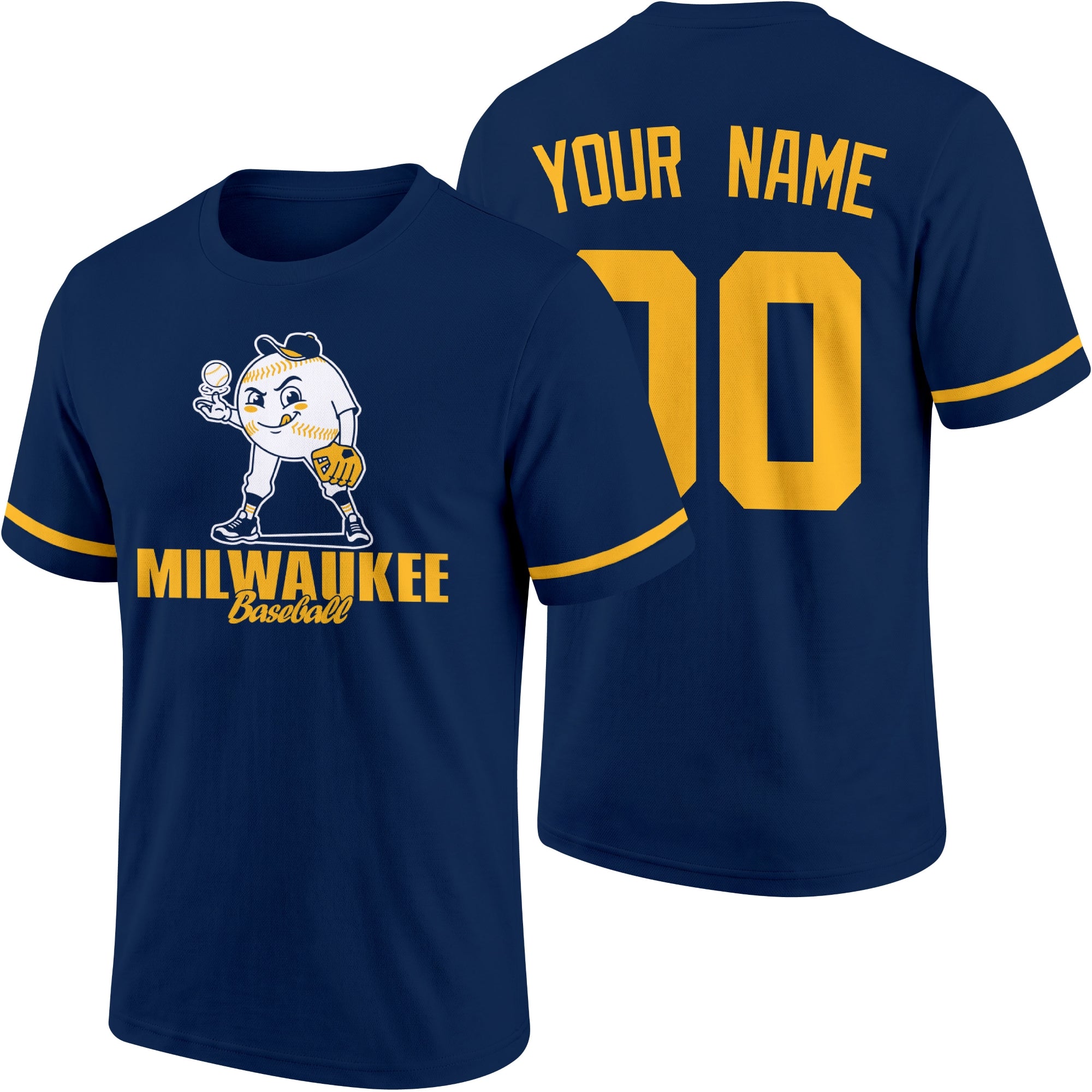 Milwaukee personalized adult baseball character T shirt in Navy showing front and back with striped sleeves custom name and number