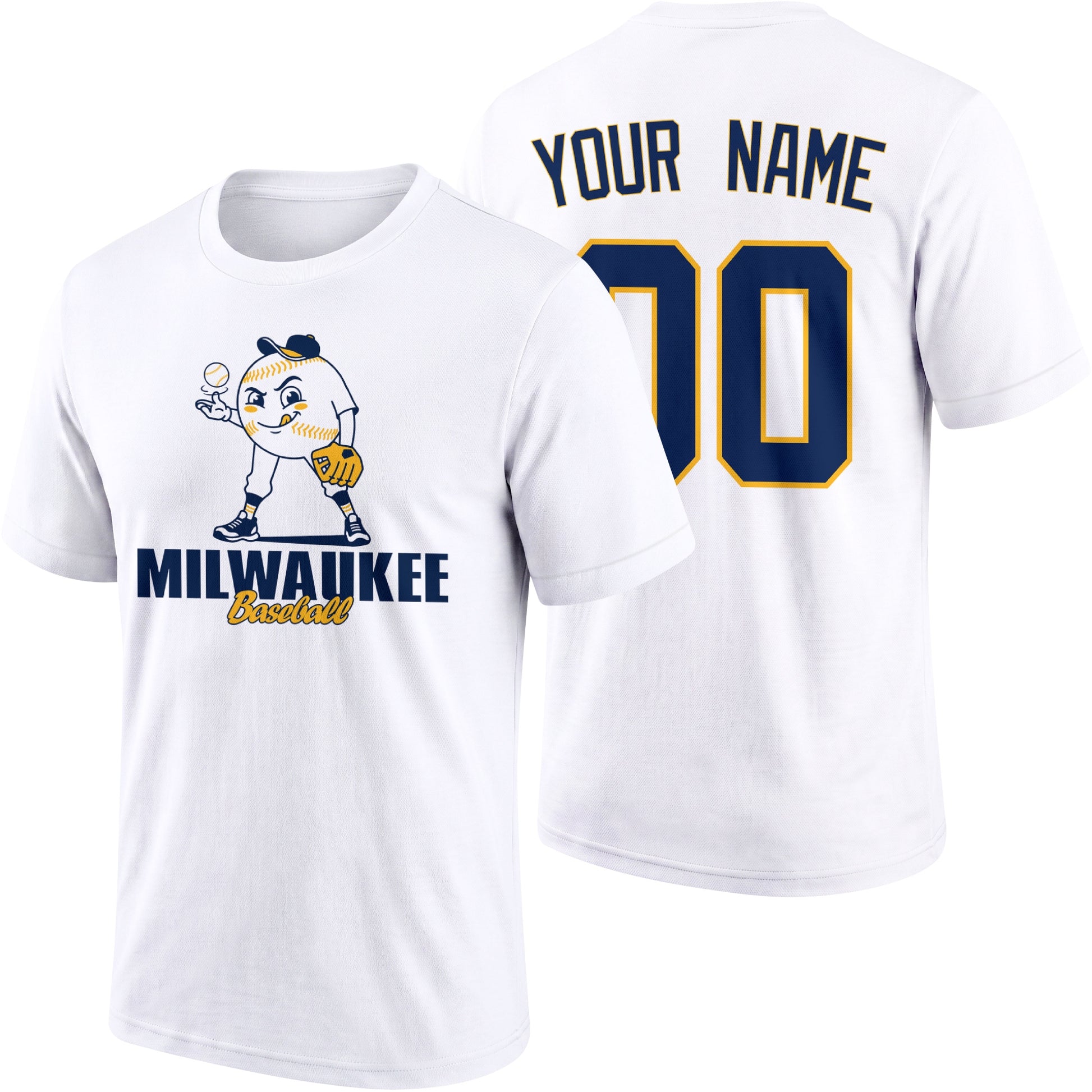 Milwaukee personalized adult baseball character T shirt in White showing front and back with striped sleeves custom name and number