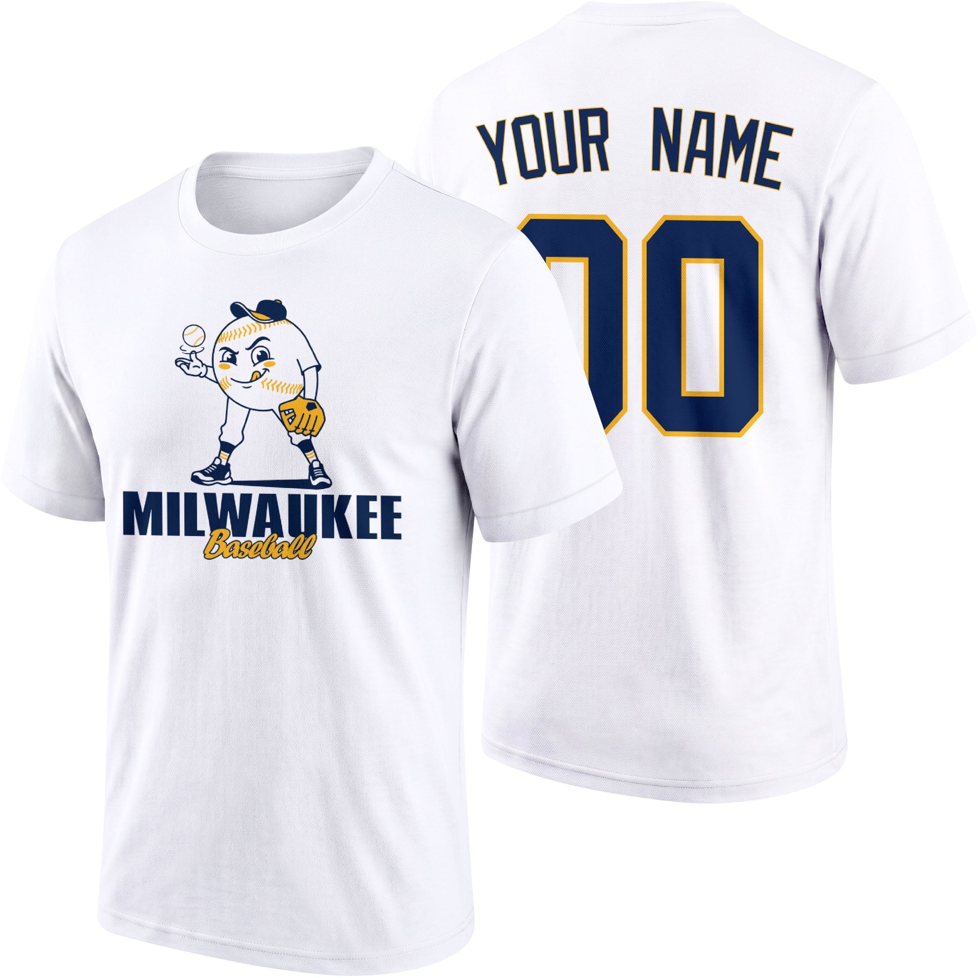 Milwaukee personalized adult baseball character T shirt in White showing front and back with striped sleeves custom name and number