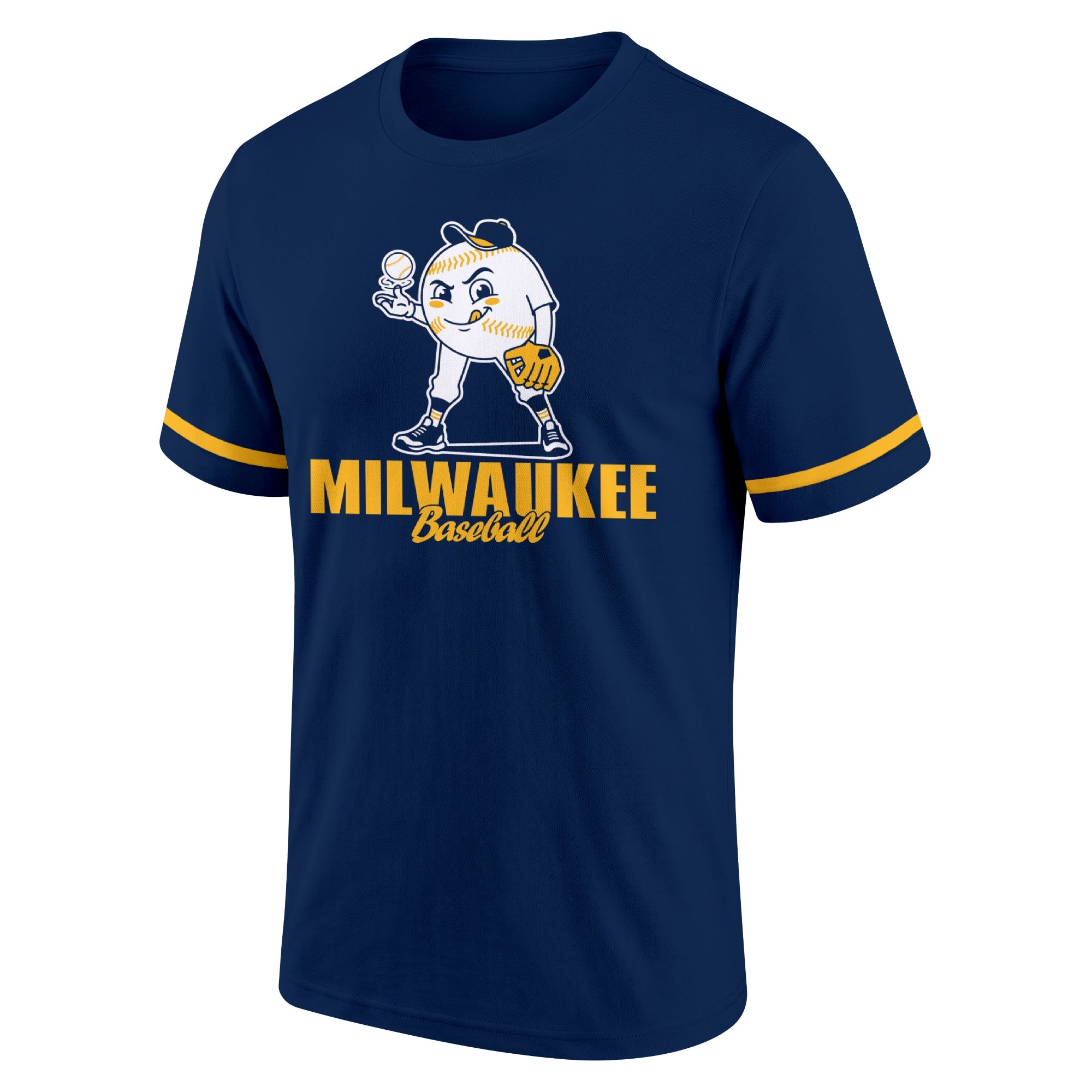Milwaukee Navy adult baseball T shirt front view with playful baseball character city lettering and striped sleeve accents