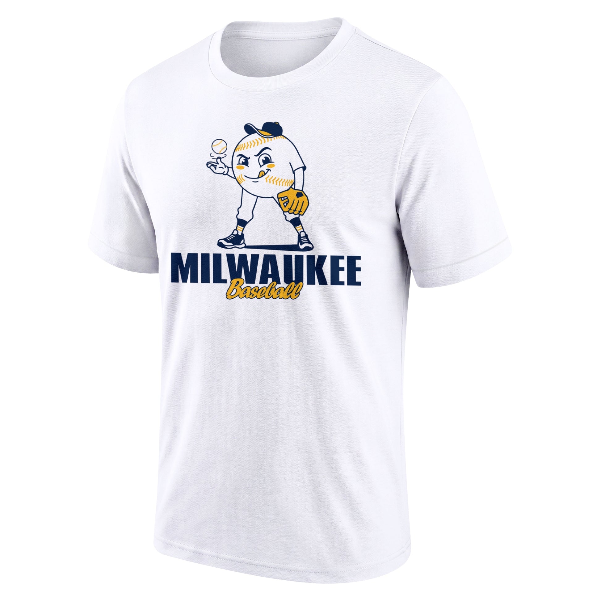 Milwaukee White adult baseball T shirt front view with playful baseball character city lettering and striped sleeve accents