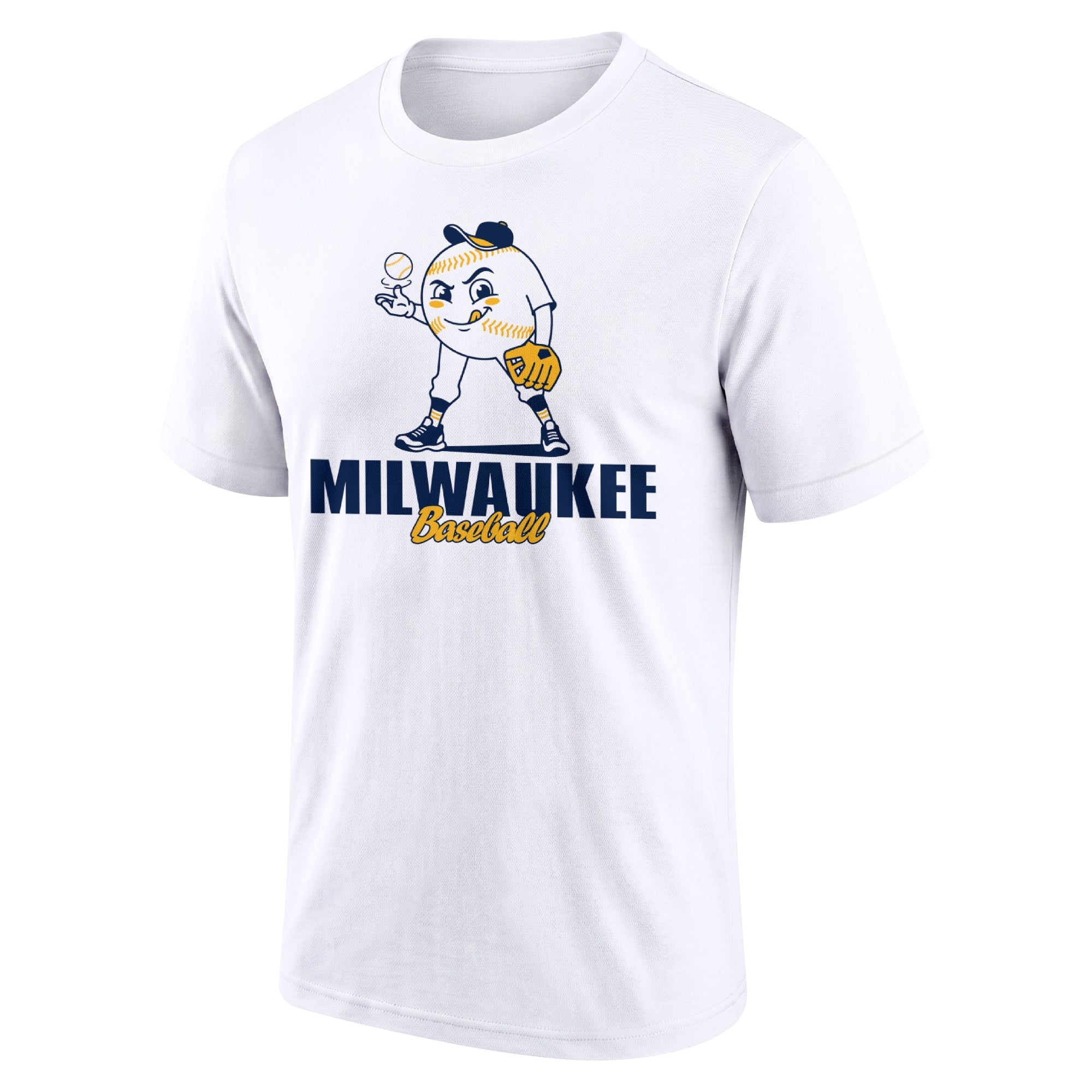 Milwaukee White adult baseball T shirt front view with playful baseball character city lettering and striped sleeve accents
