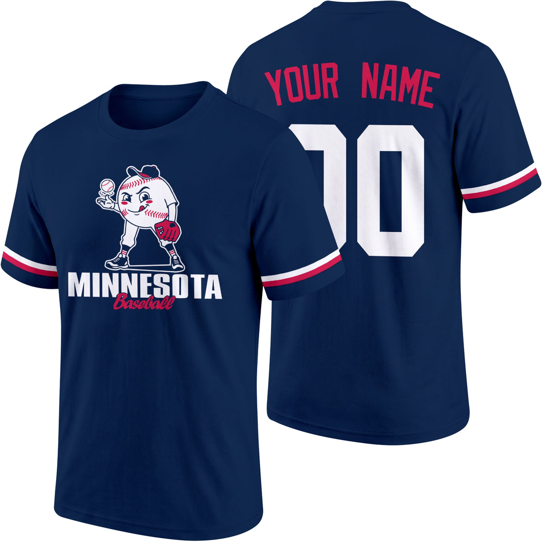 Minnesota personalized adult baseball character T shirt in Navy showing front and back with striped sleeves custom name and number