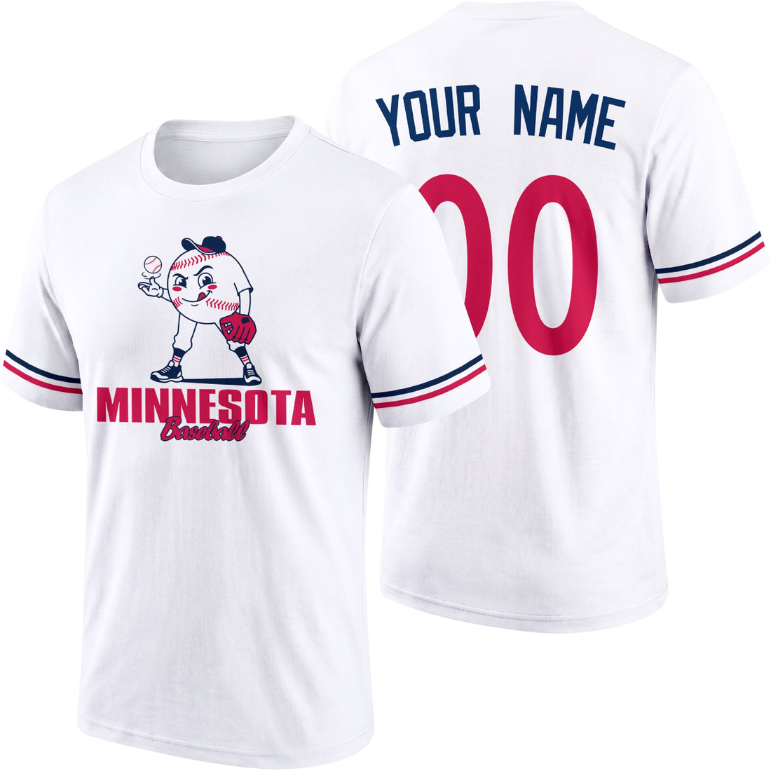 Minnesota personalized adult baseball character T shirt in Navy showing front and back with striped sleeves custom name and number