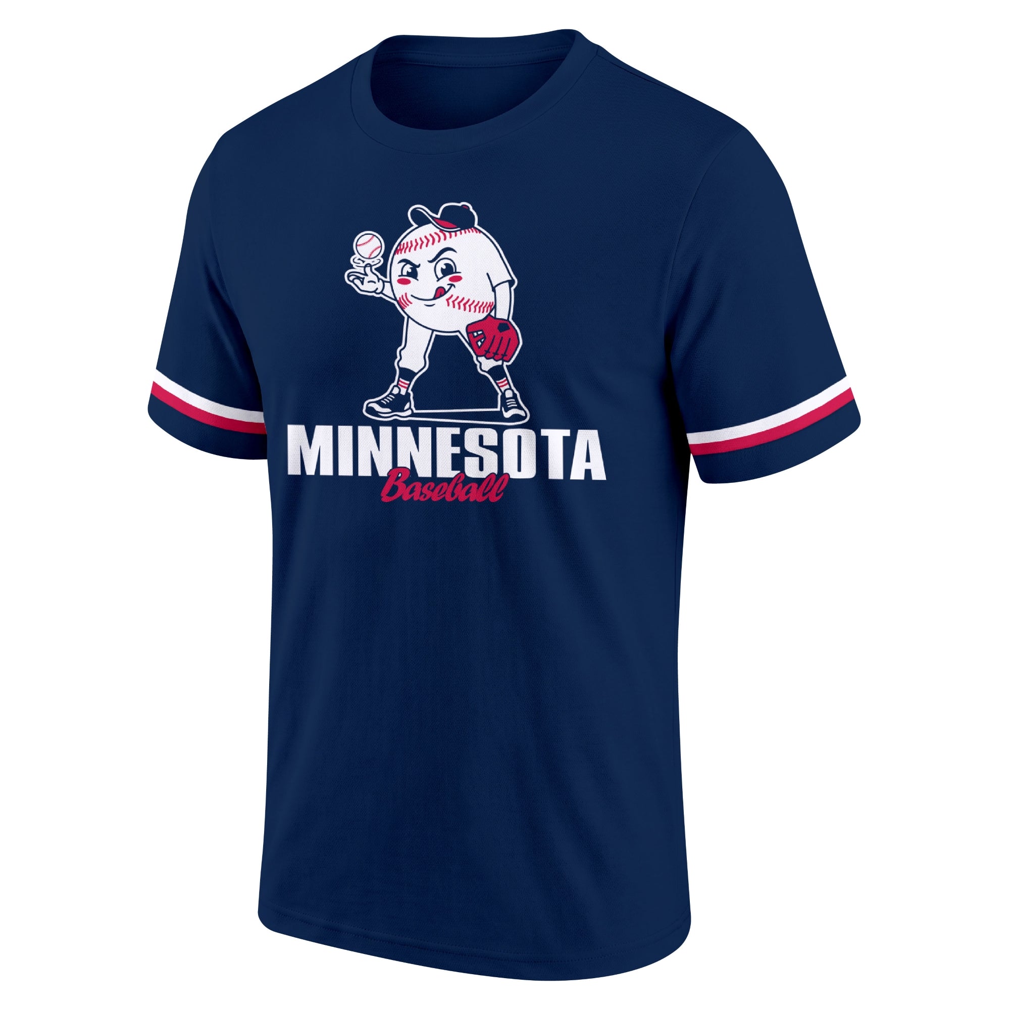 Minnesota Navy adult baseball T shirt front view with playful baseball character city lettering and striped sleeve accents