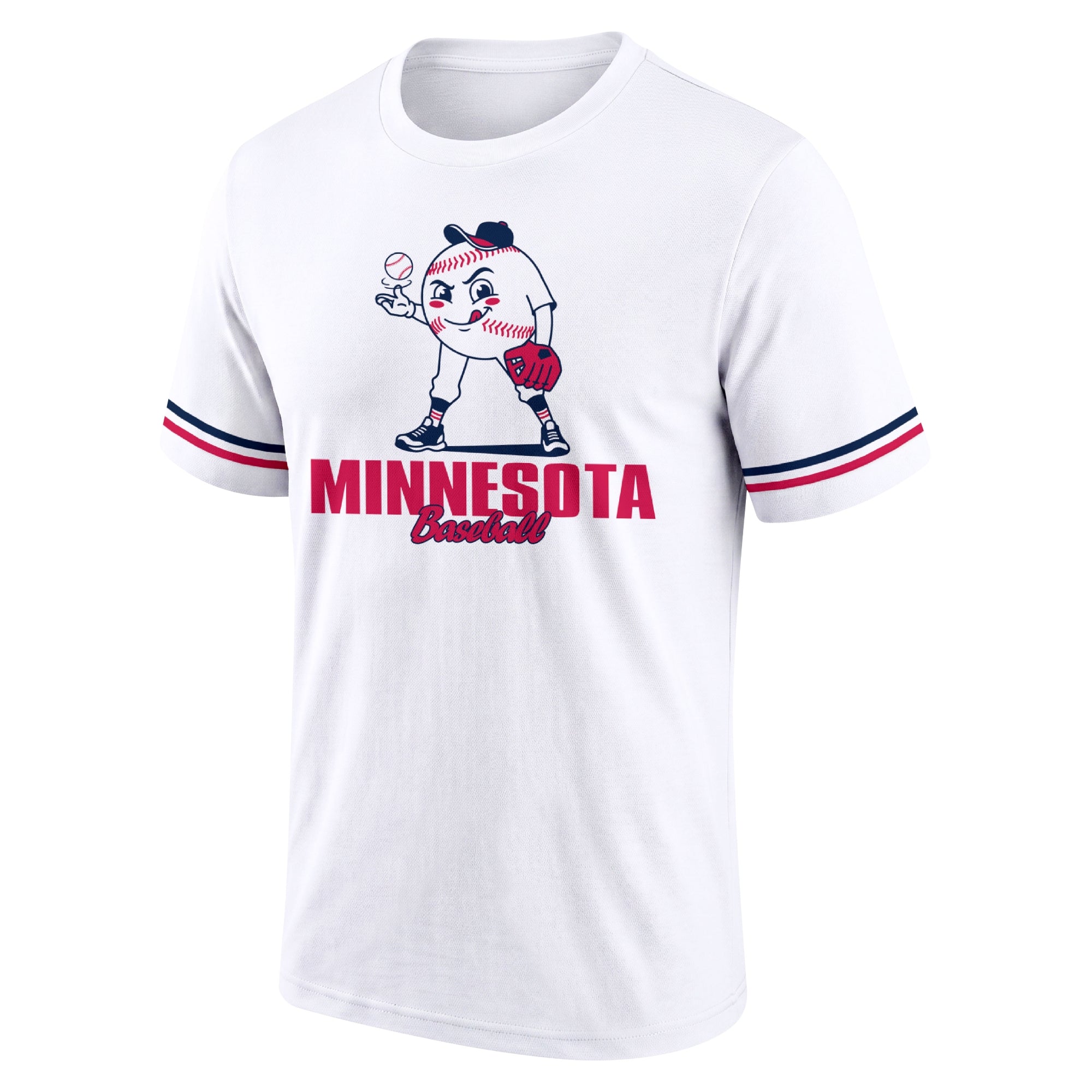 Minnesota White adult baseball T shirt front view with playful baseball character city lettering and striped sleeve accents