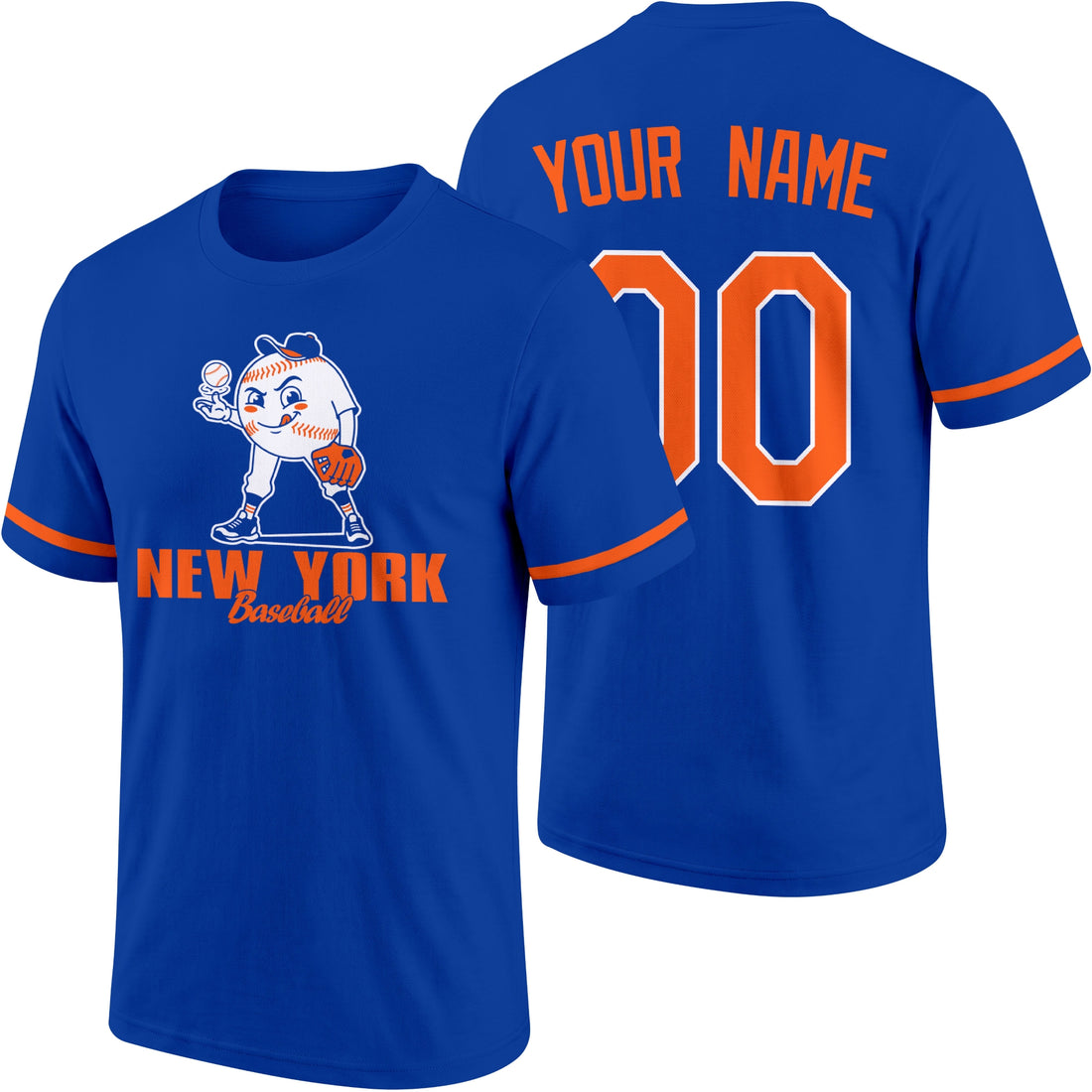 New York Orange and Blue personalized adult baseball character T shirt in Royal showing front and back with striped sleeves custom name and number