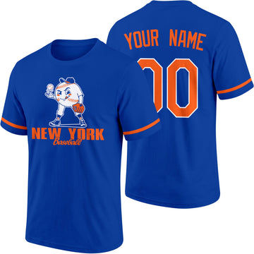 New York Orange and Blue personalized adult baseball character T shirt in Royal showing front and back with striped sleeves custom name and number