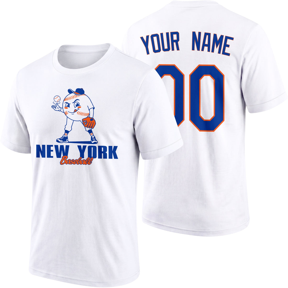 New York Orange and Blue personalized adult baseball character T shirt in Royal showing front and back with striped sleeves custom name and number