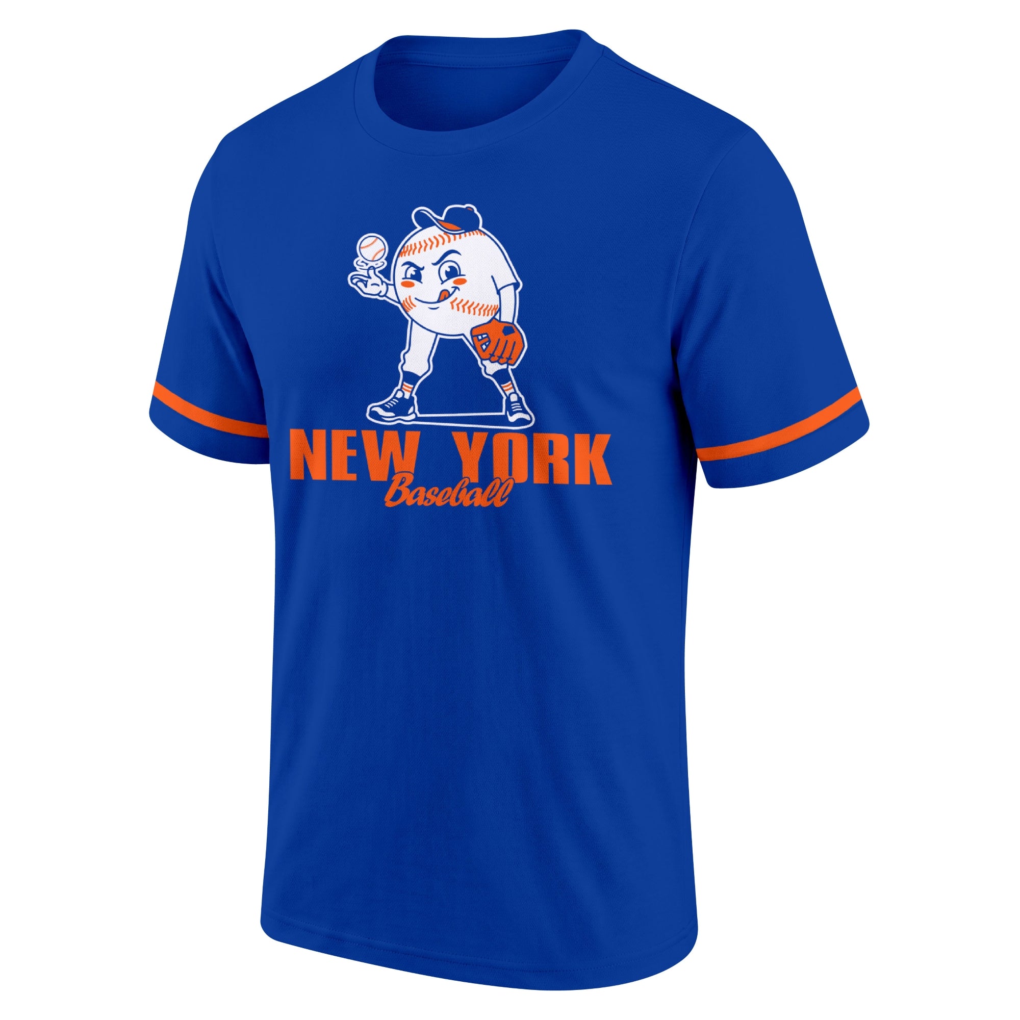 New York Orange and Blue Royal adult baseball T shirt front view with playful baseball character city lettering and striped sleeve accents