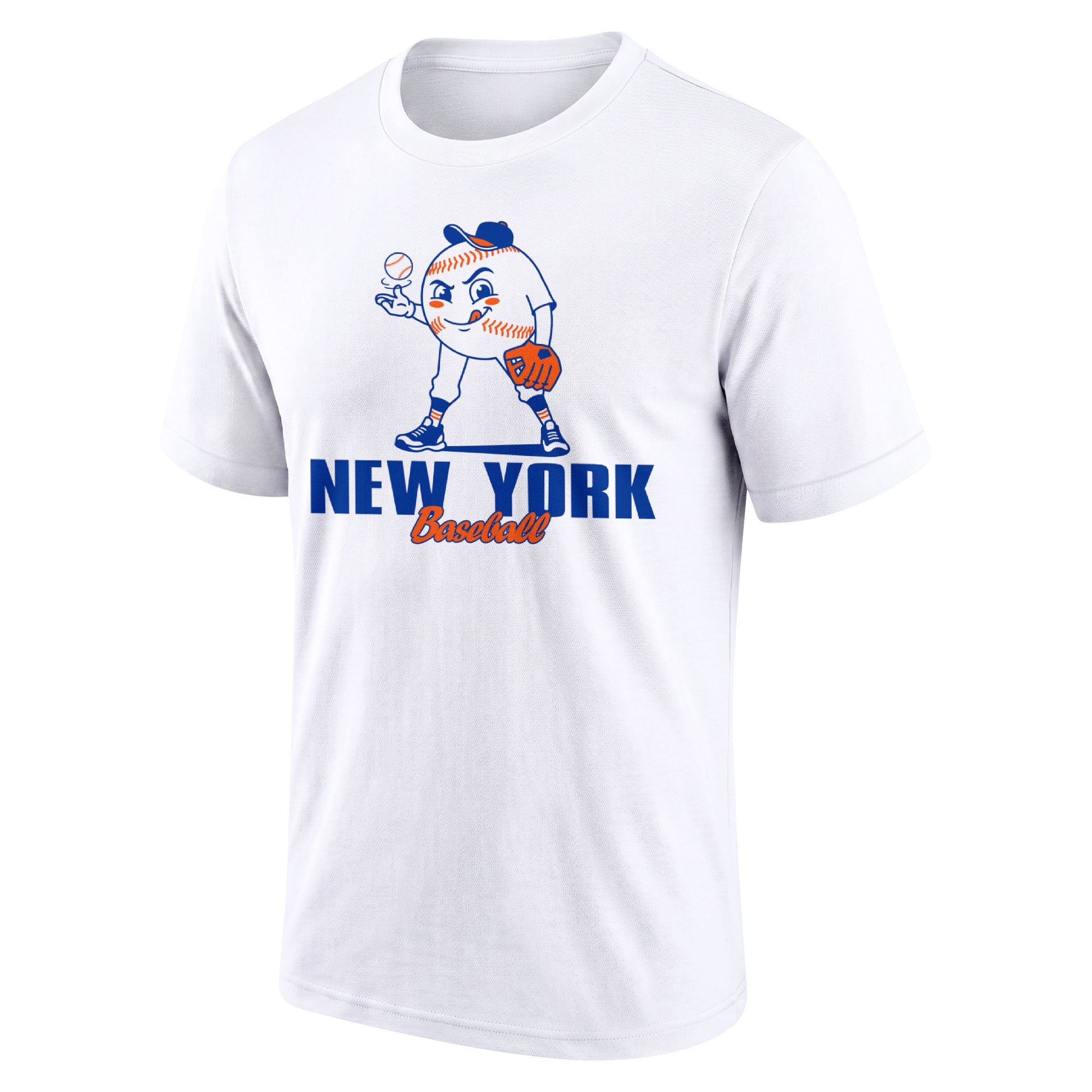 New York Orange and Blue White adult baseball T shirt front view with playful baseball character city lettering and striped sleeve accents