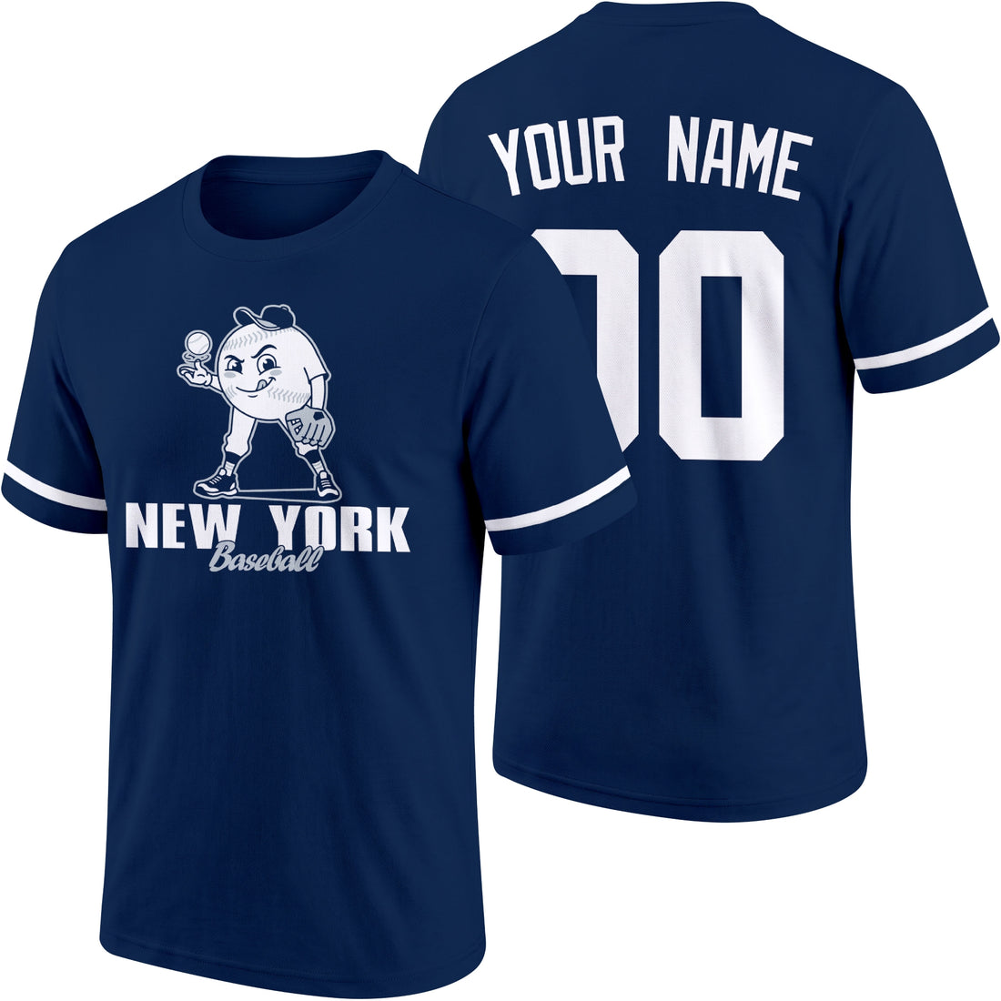 New York Navy and White personalized adult baseball character T shirt in Navy showing front and back with striped sleeves custom name and number