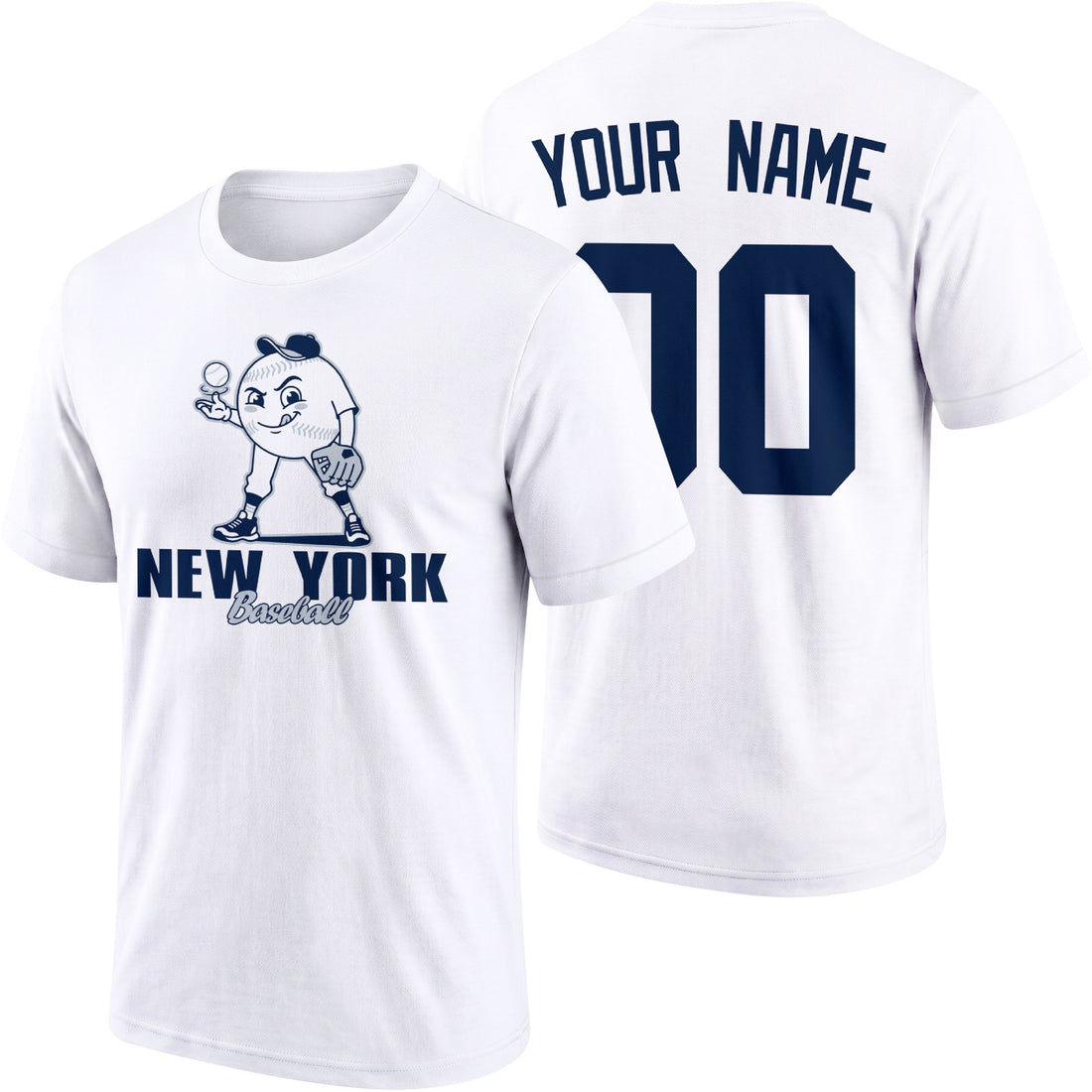 New York Navy and White personalized adult baseball character T shirt in Navy showing front and back with striped sleeves custom name and number