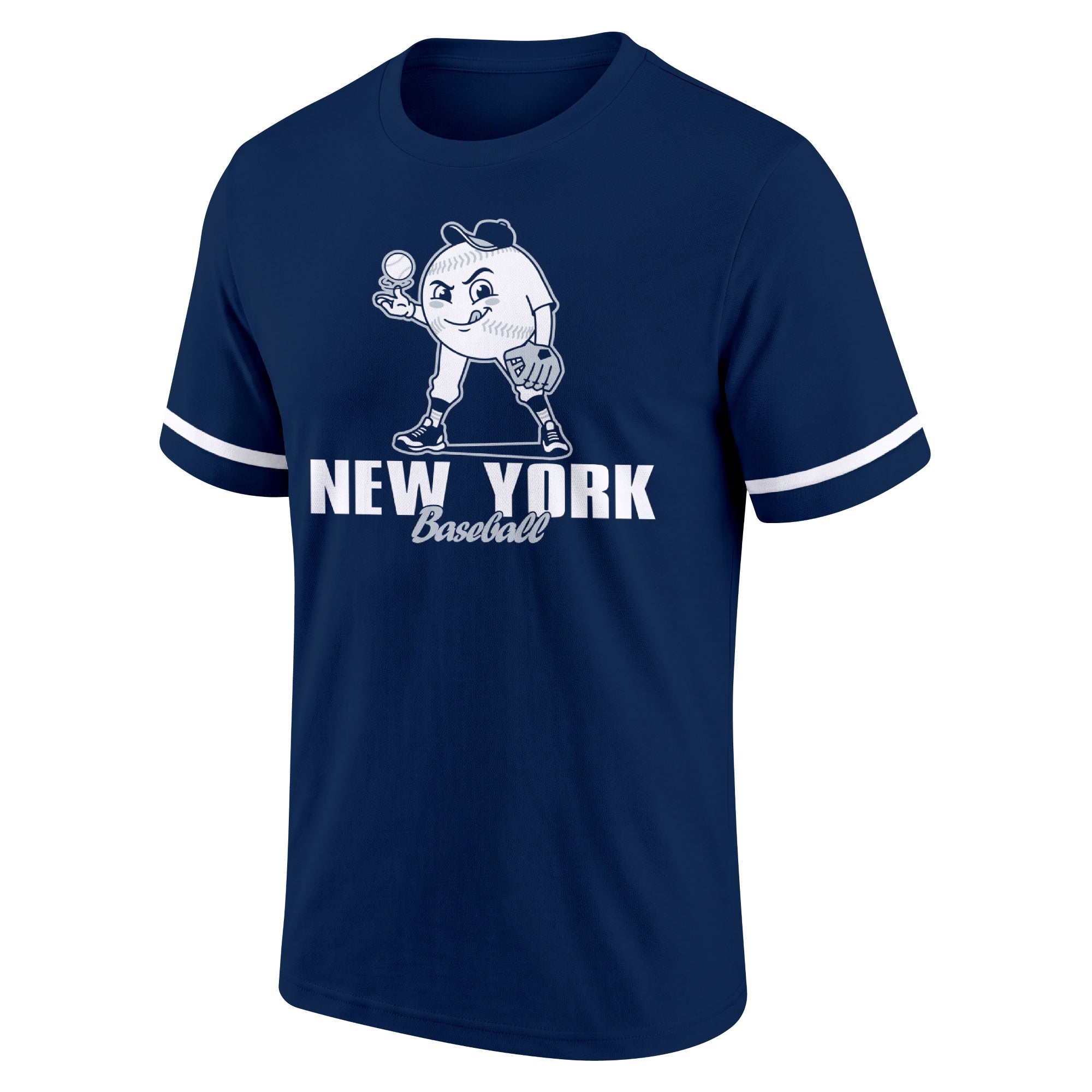 New York Navy and White Navy adult baseball T shirt front view with playful baseball character city lettering and striped sleeve accents