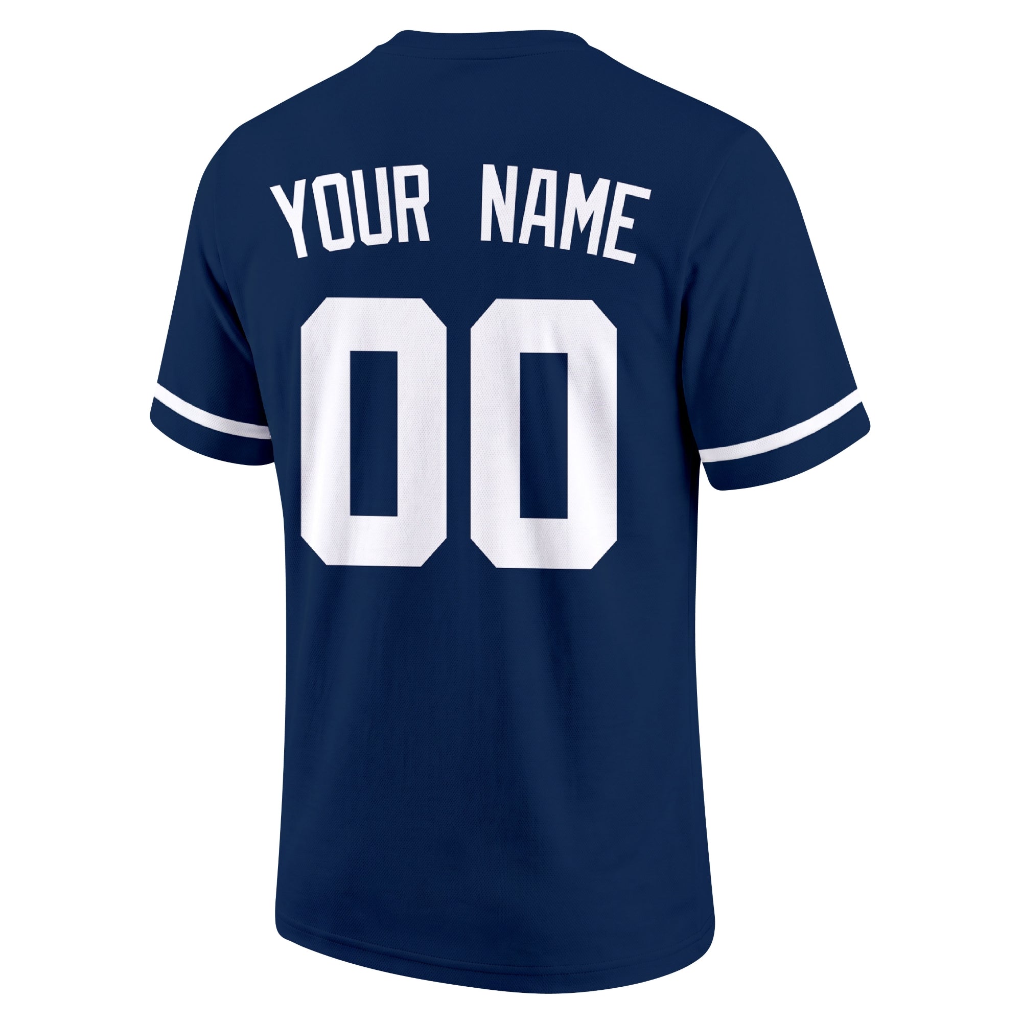 New York Navy and White Navy adult baseball T shirt back view with customizable name and large jersey style number