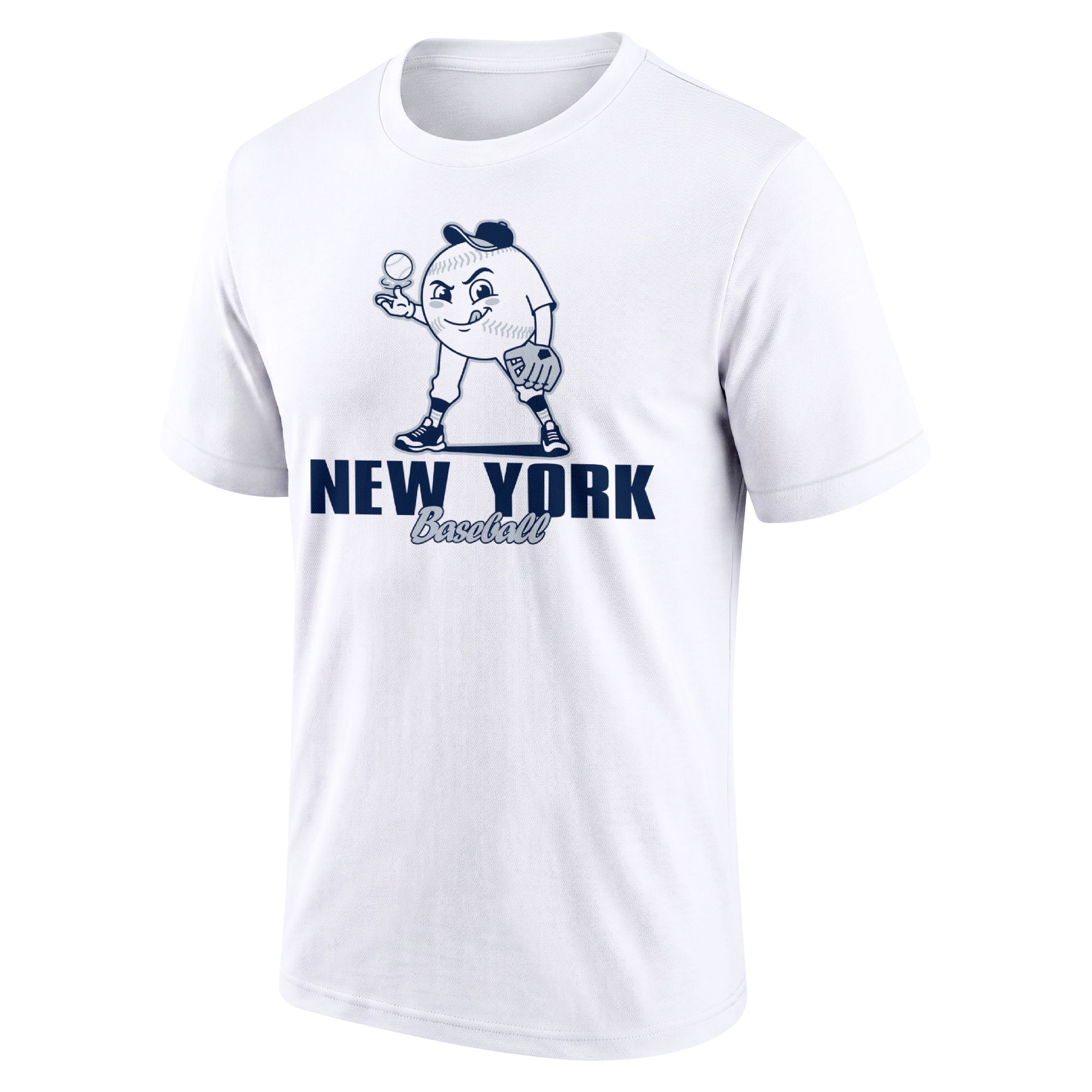 New York Navy and White White adult baseball T shirt front view with playful baseball character city lettering and striped sleeve accents