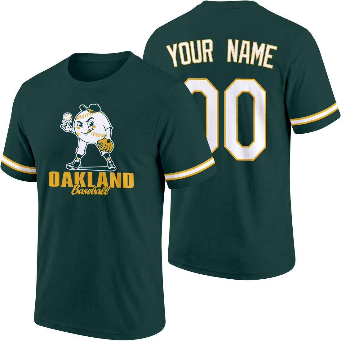 Oakland personalized adult baseball character T shirt in Green showing front and back with striped sleeves custom name and number