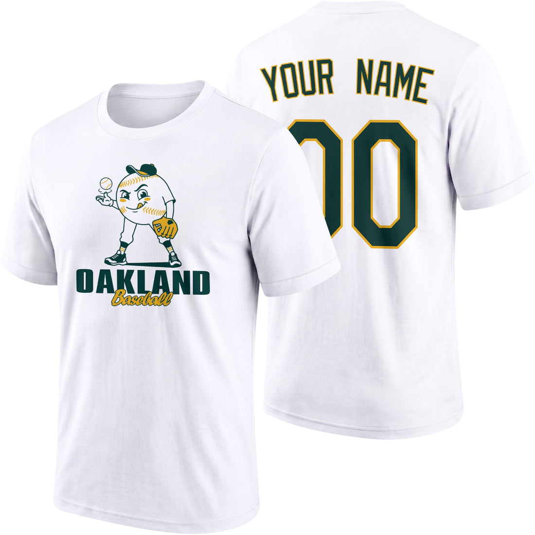 Oakland personalized adult baseball character T shirt in Green showing front and back with striped sleeves custom name and number