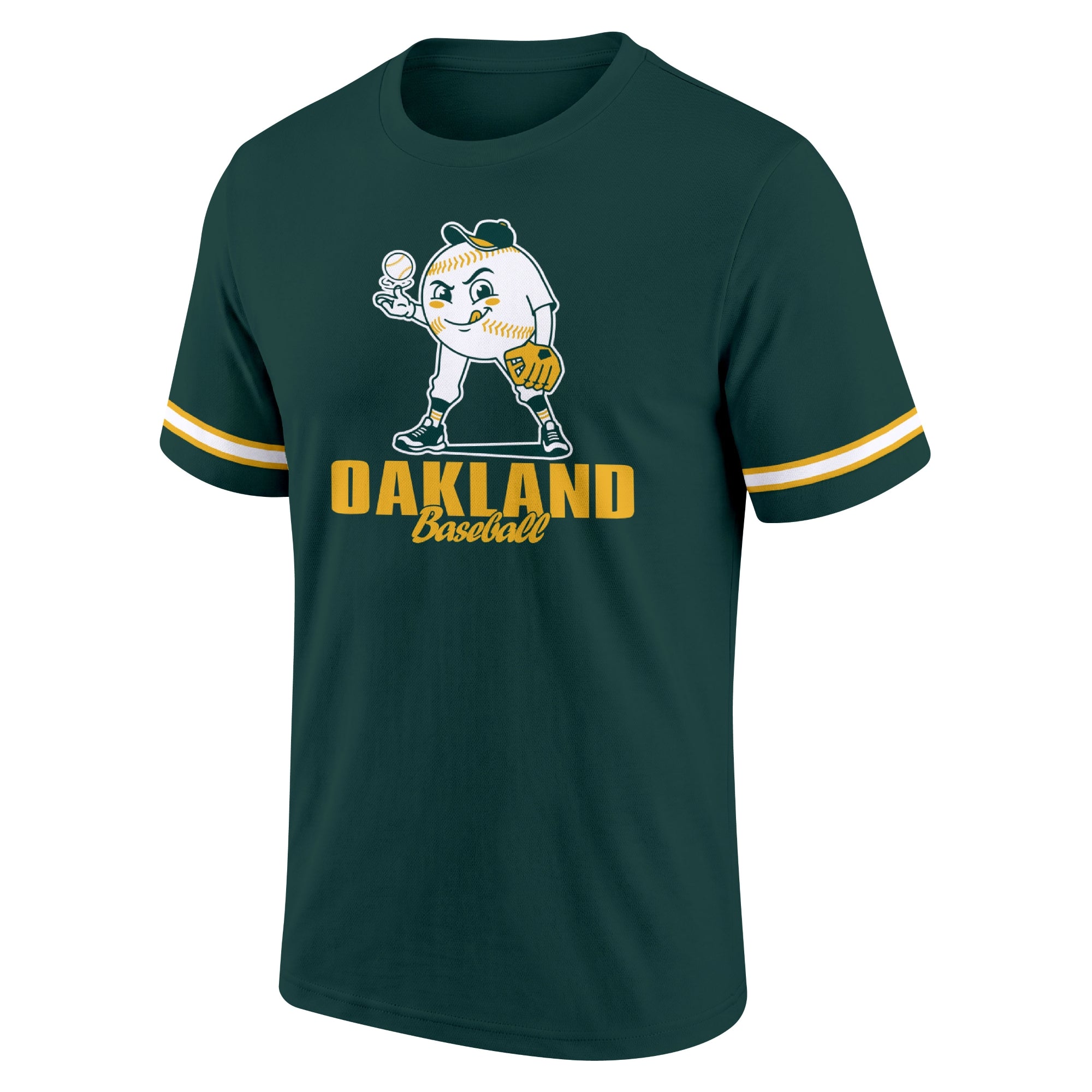 Oakland Green adult baseball T shirt front view with playful baseball character city lettering and striped sleeve accents