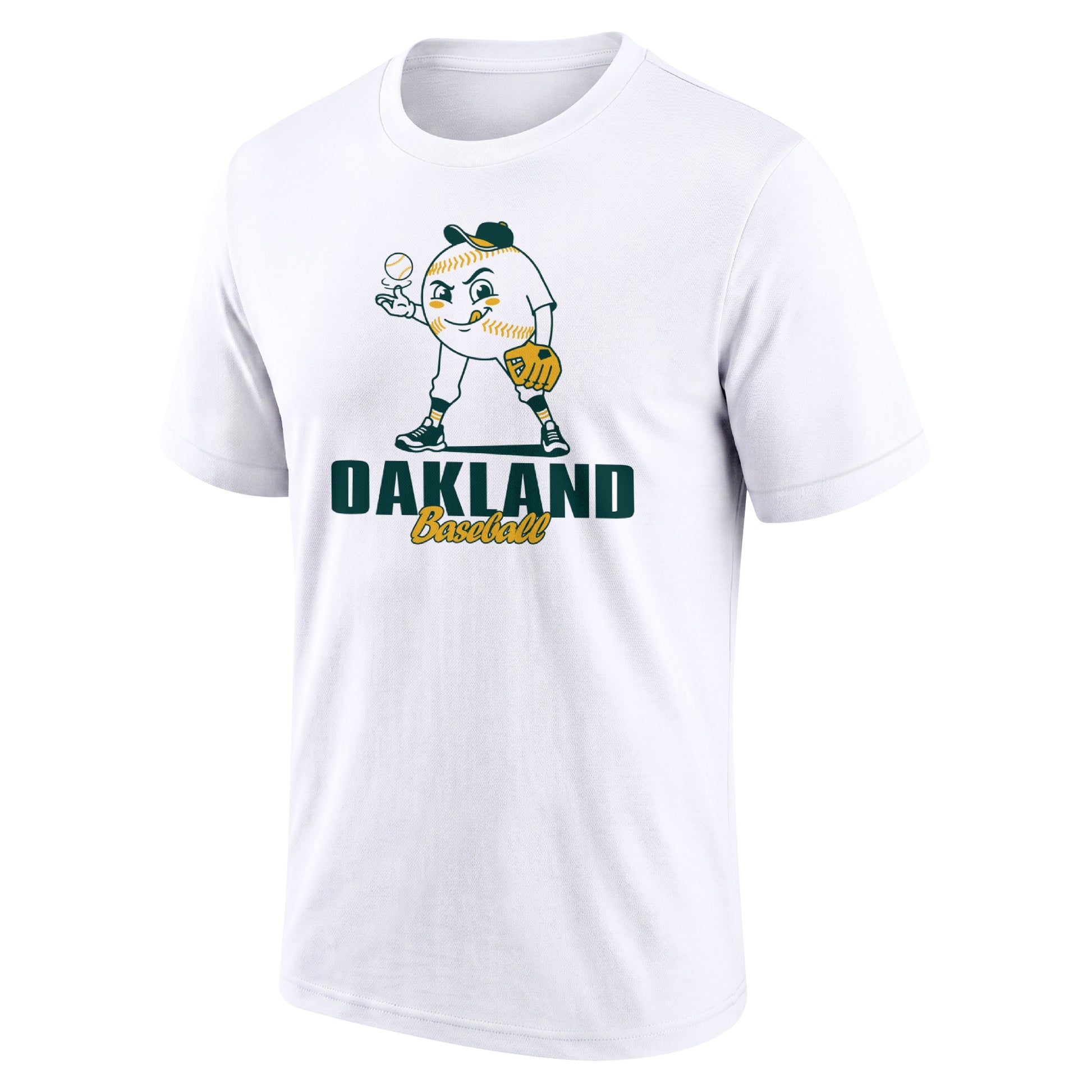 Oakland White adult baseball T shirt front view with playful baseball character city lettering and striped sleeve accents