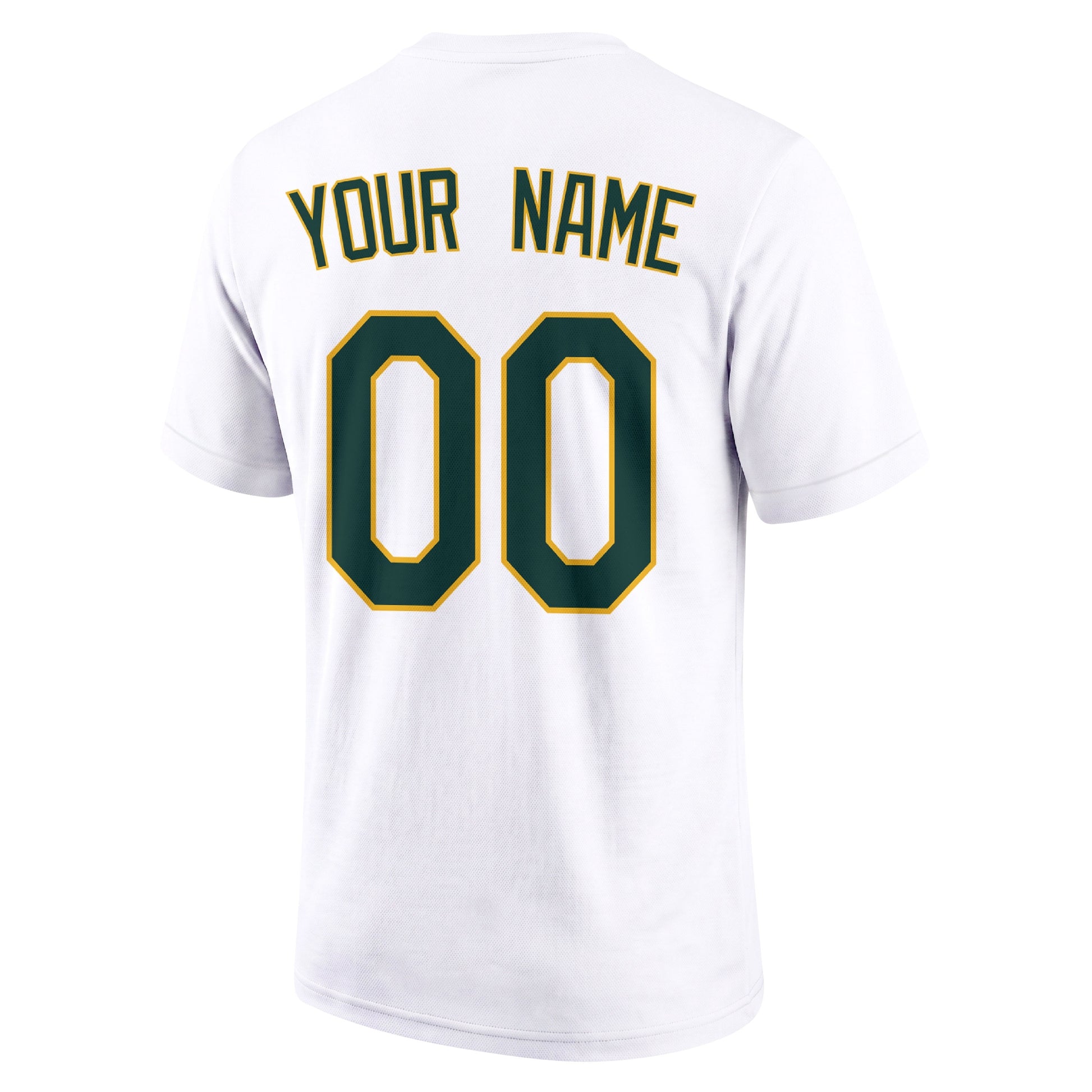 Oakland White adult baseball T shirt back view with customizable name and large jersey style number
