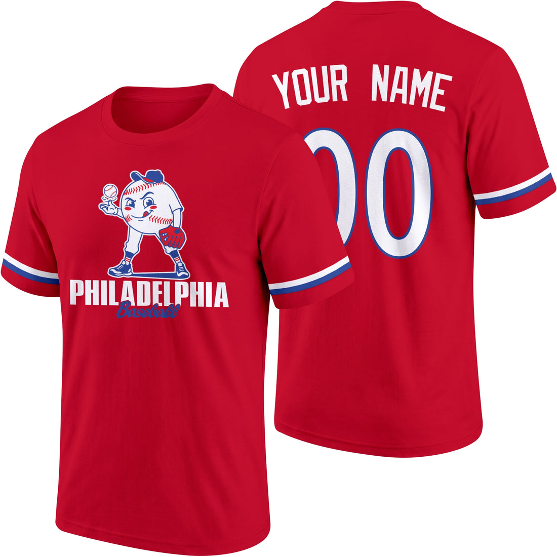 Philadelphia personalized adult baseball character T shirt in Red showing front and back with striped sleeves custom name and number