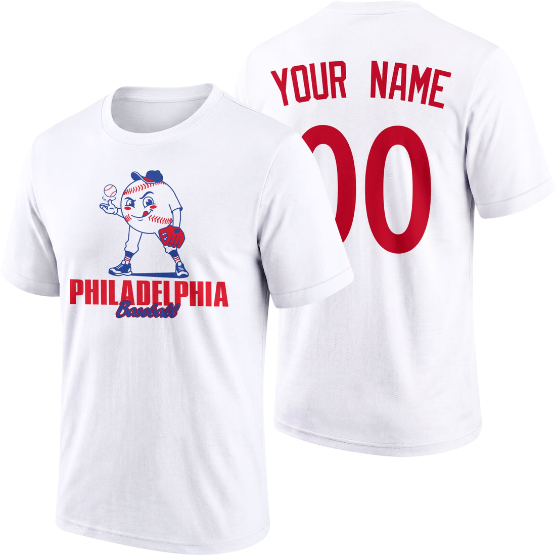 Philadelphia personalized adult baseball character T shirt in Red showing front and back with striped sleeves custom name and number
