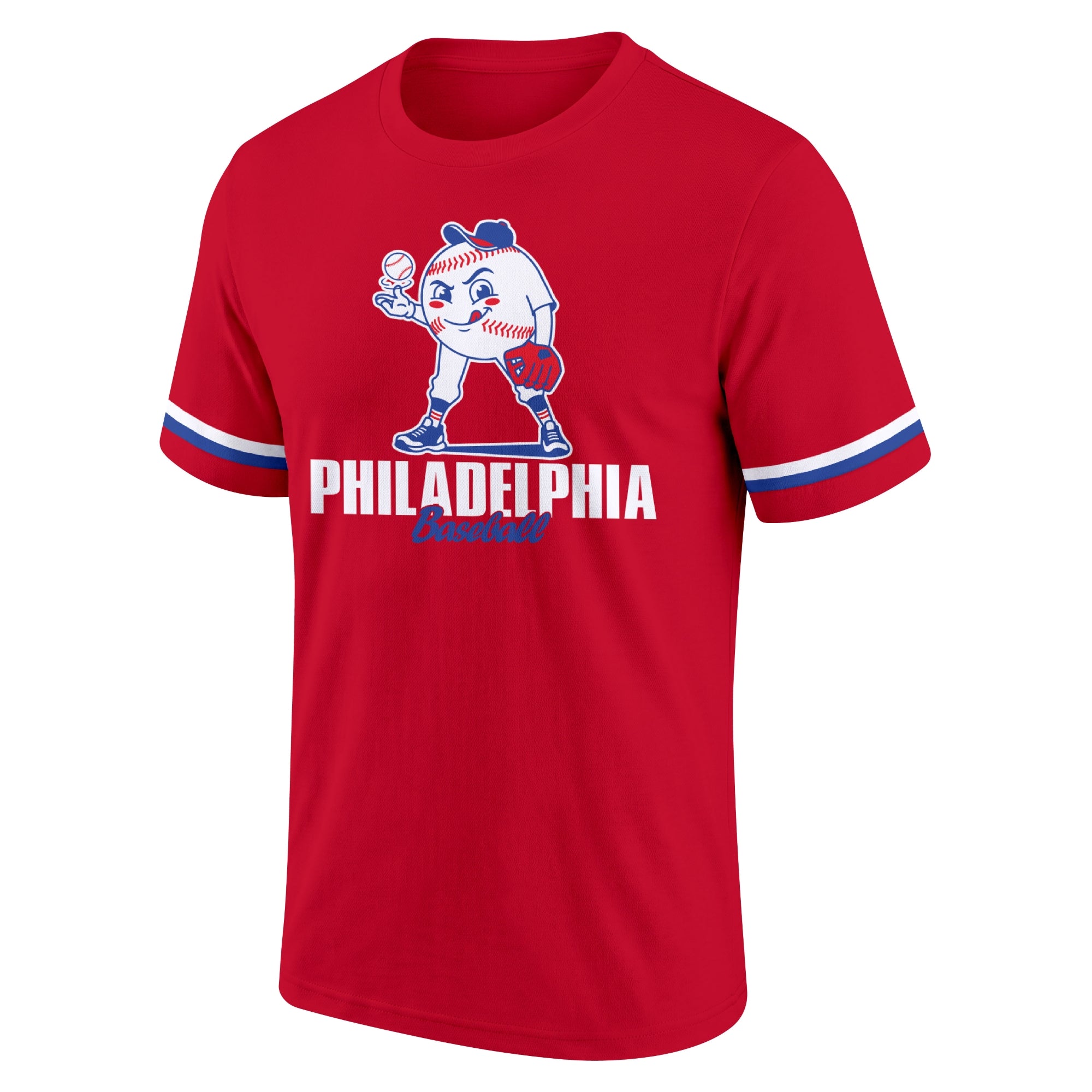 Philadelphia Red adult baseball T shirt front view with playful baseball character city lettering and striped sleeve accents