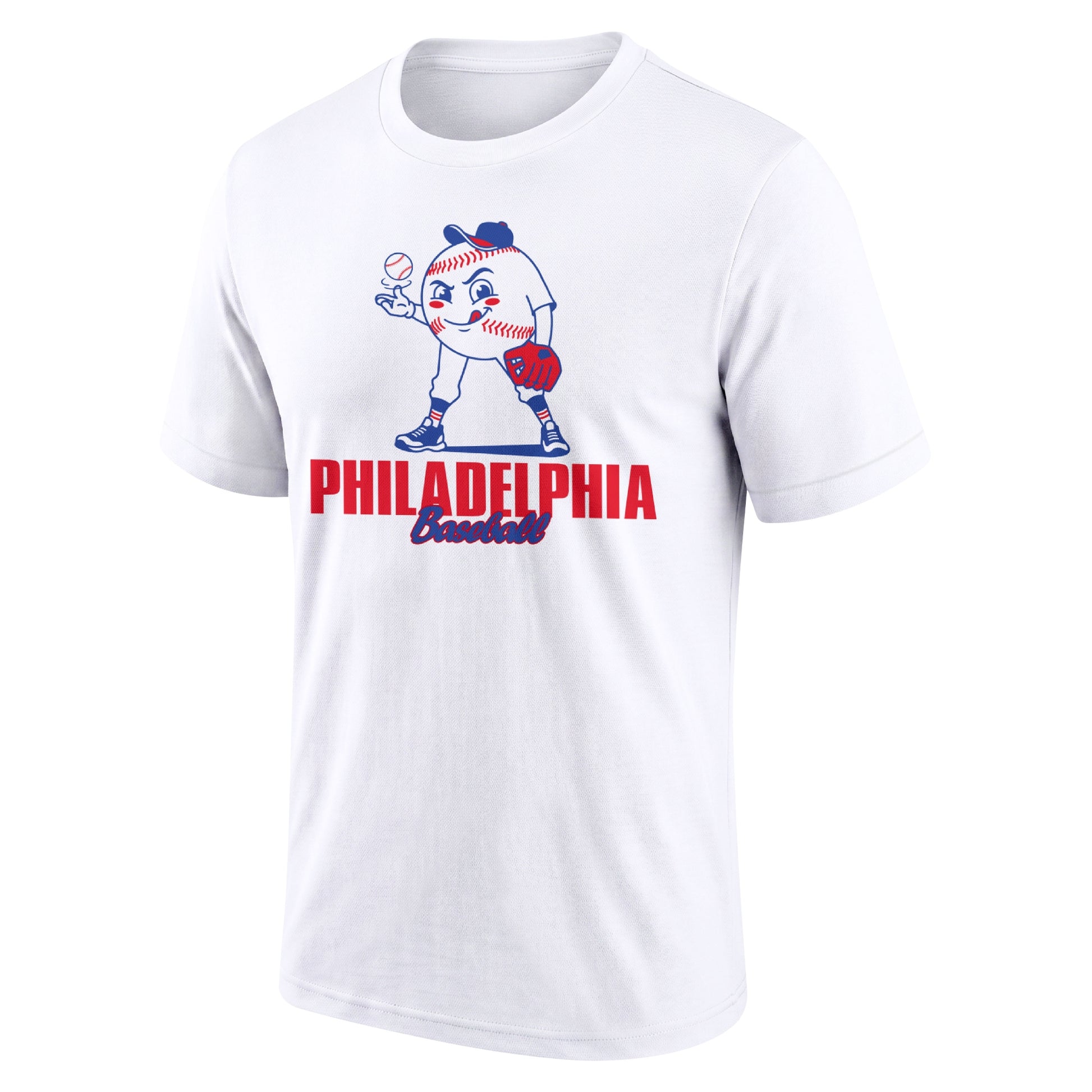 Philadelphia White adult baseball T shirt front view with playful baseball character city lettering and striped sleeve accents