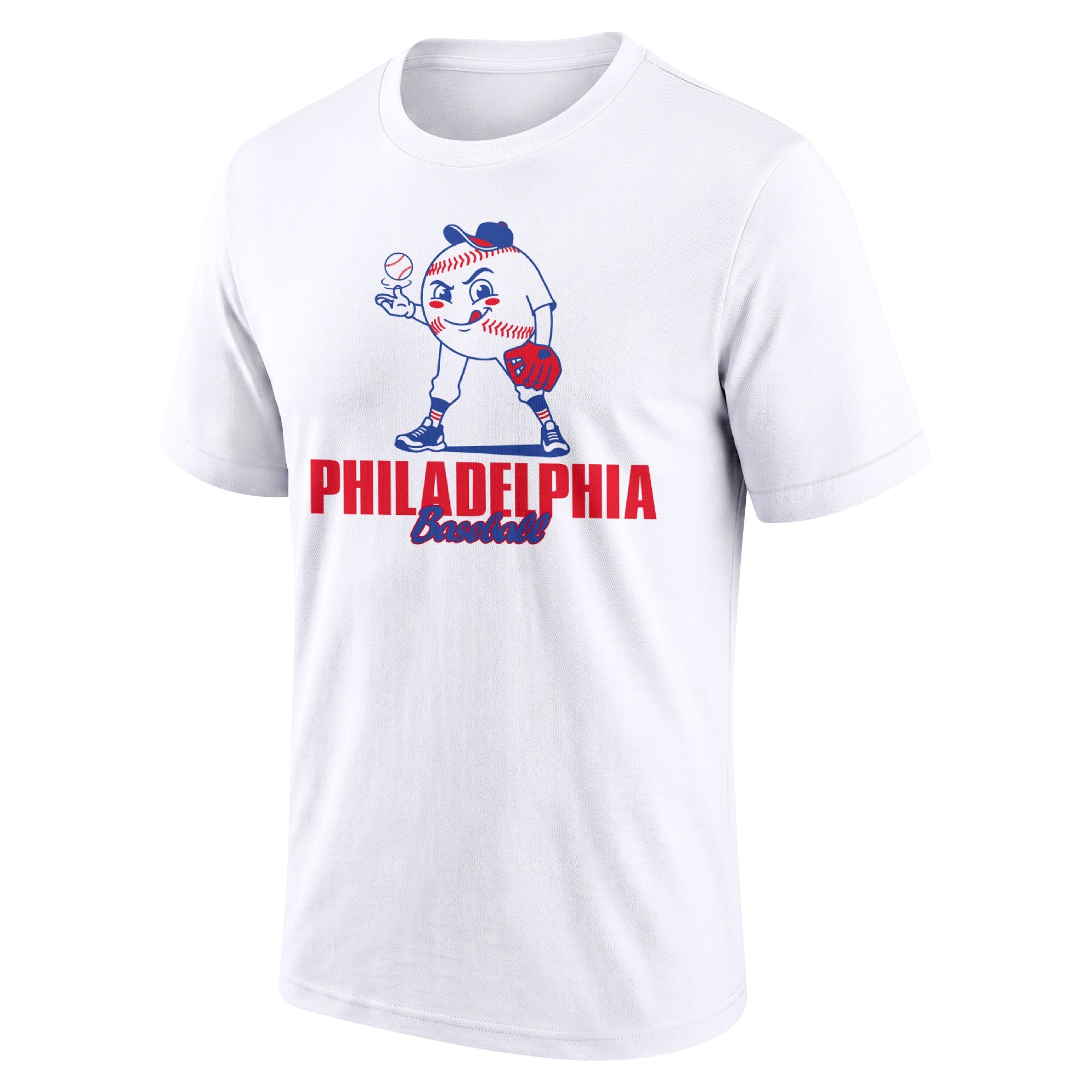 Philadelphia White adult baseball T shirt front view with playful baseball character city lettering and striped sleeve accents
