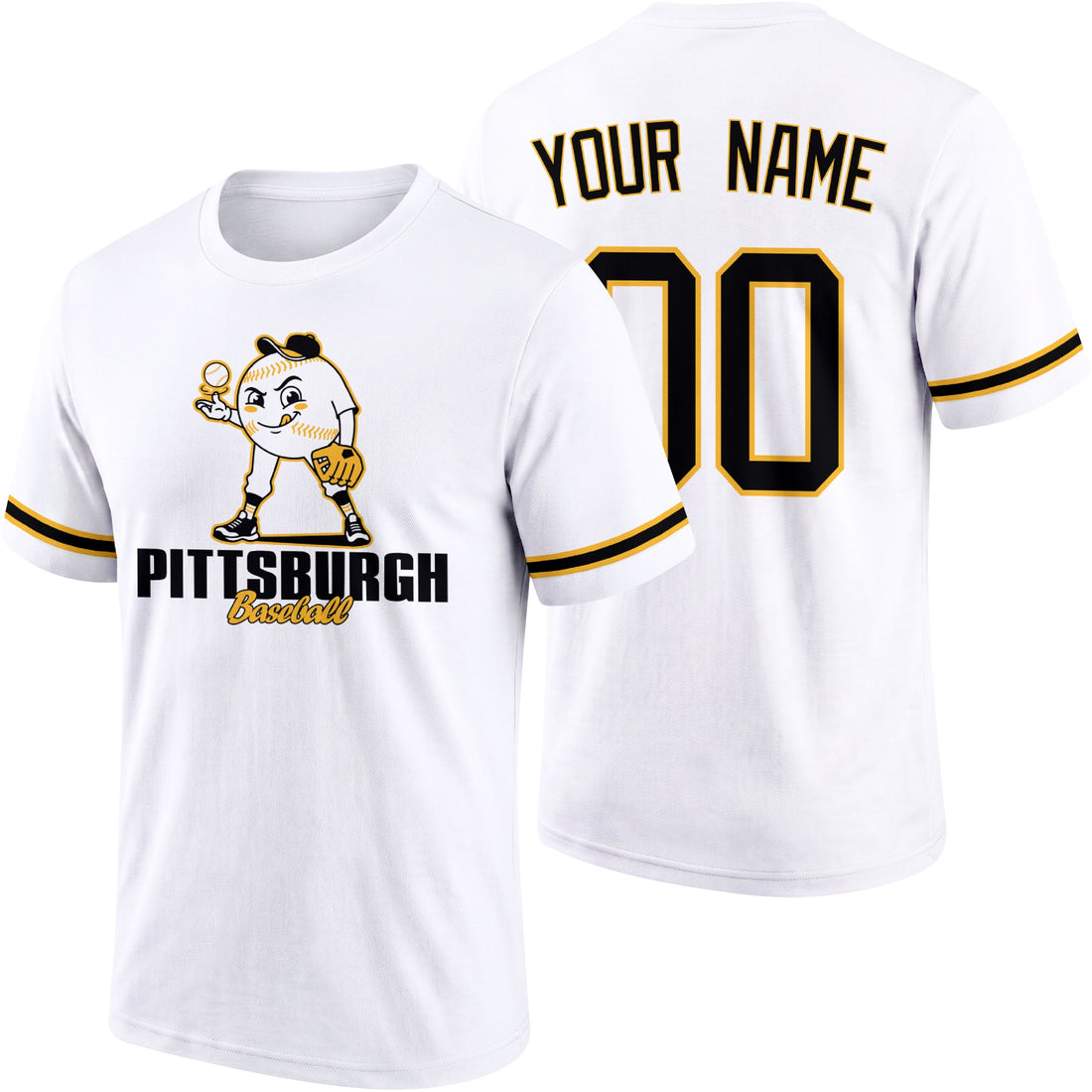 Pittsburgh personalized adult baseball character T shirt in Black showing front and back with striped sleeves custom name and number