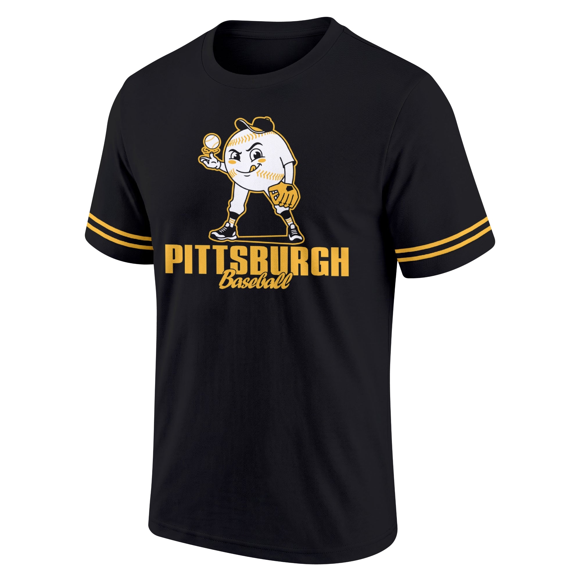 Pittsburgh Black adult baseball T shirt front view with playful baseball character city lettering and striped sleeve accents