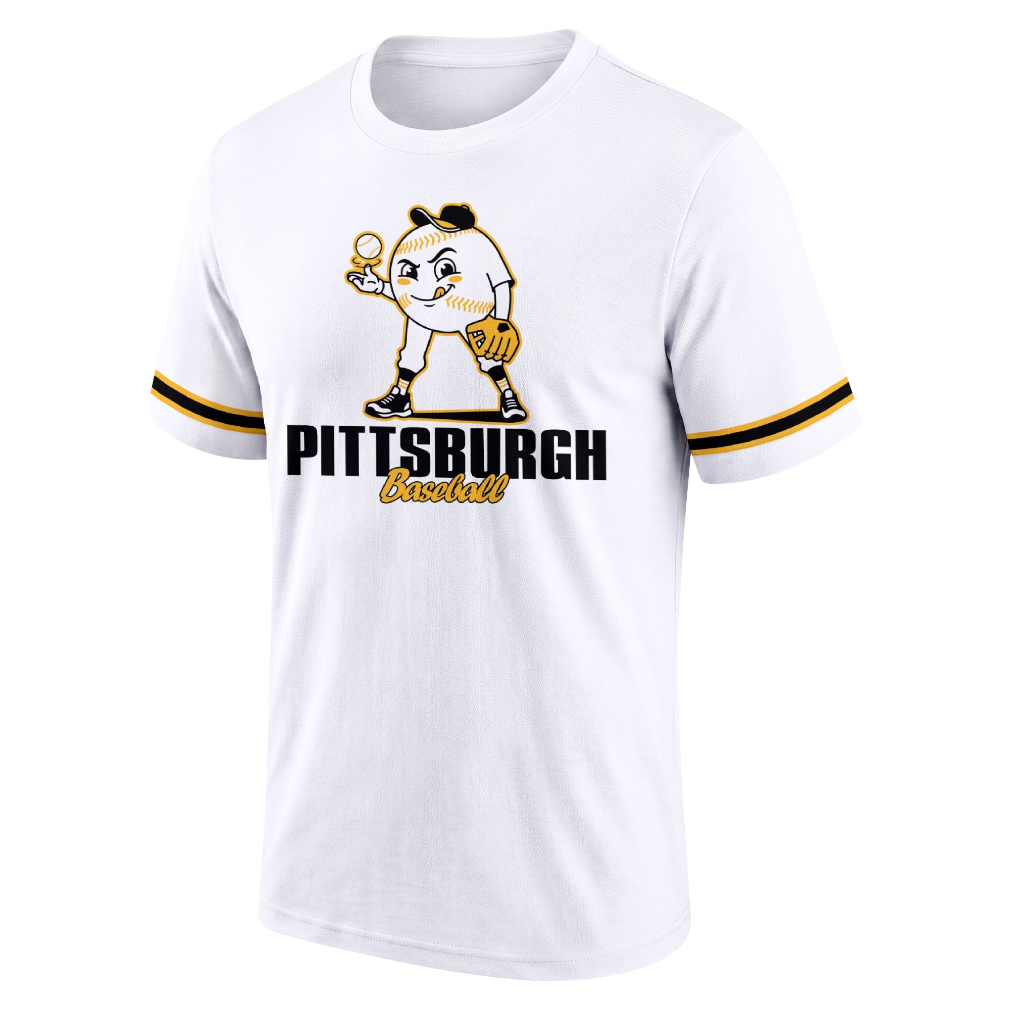 Pittsburgh White adult baseball T shirt front view with playful baseball character city lettering and striped sleeve accents
