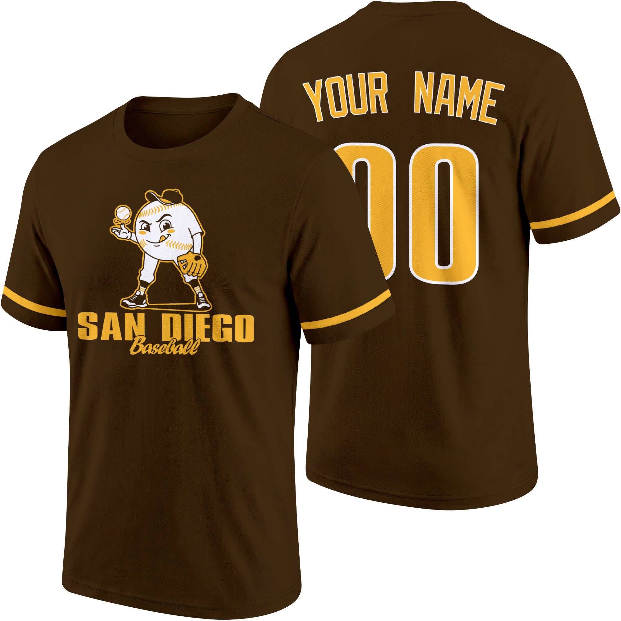 San Diego personalized adult baseball character T shirt in Brown showing front and back with striped sleeves custom name and number