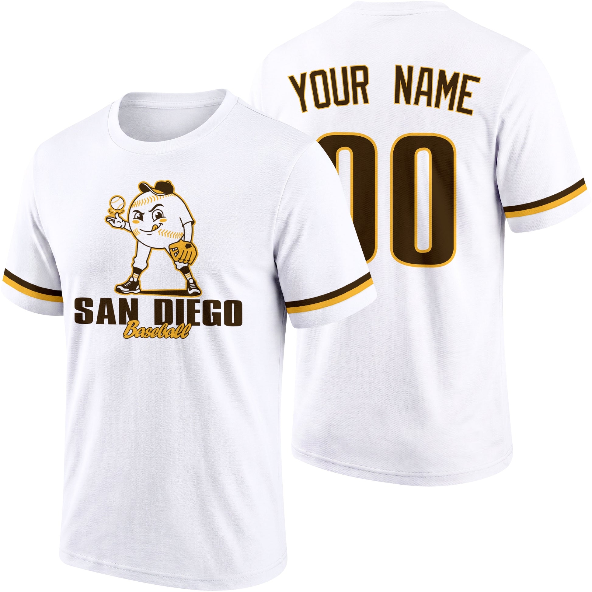 San Diego personalized adult baseball character T shirt in White showing front and back with striped sleeves custom name and number