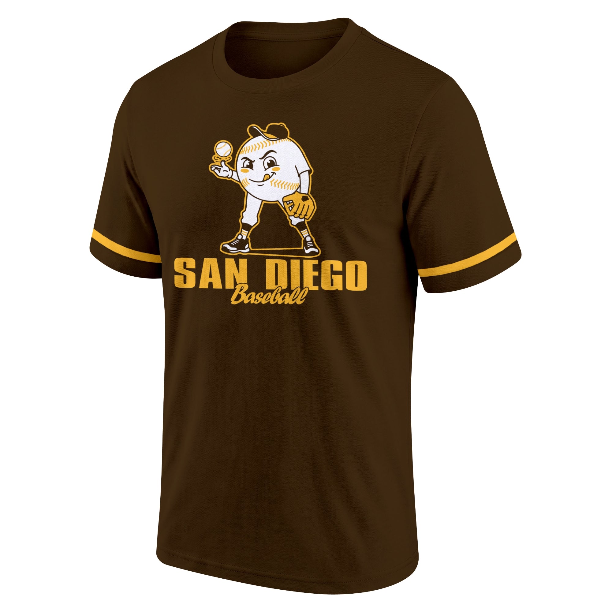 San Diego Brown adult baseball T shirt front view with playful baseball character city lettering and striped sleeve accents