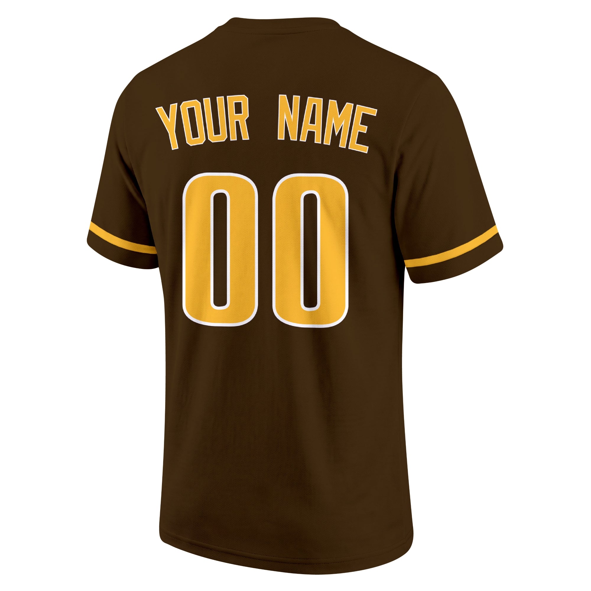San Diego Brown adult baseball T shirt back view with customizable name and large jersey style number
