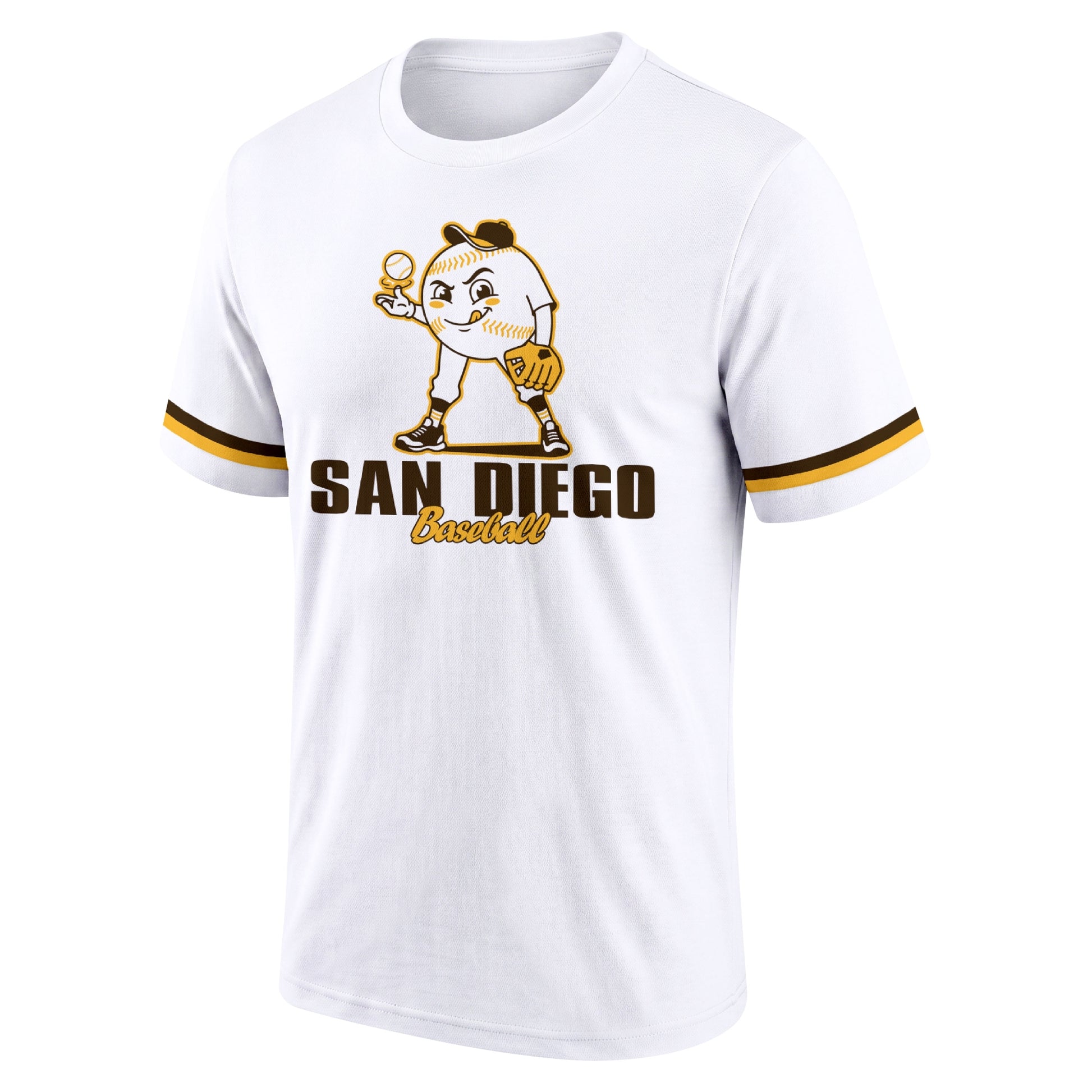 San Diego White adult baseball T shirt front view with playful baseball character city lettering and striped sleeve accents